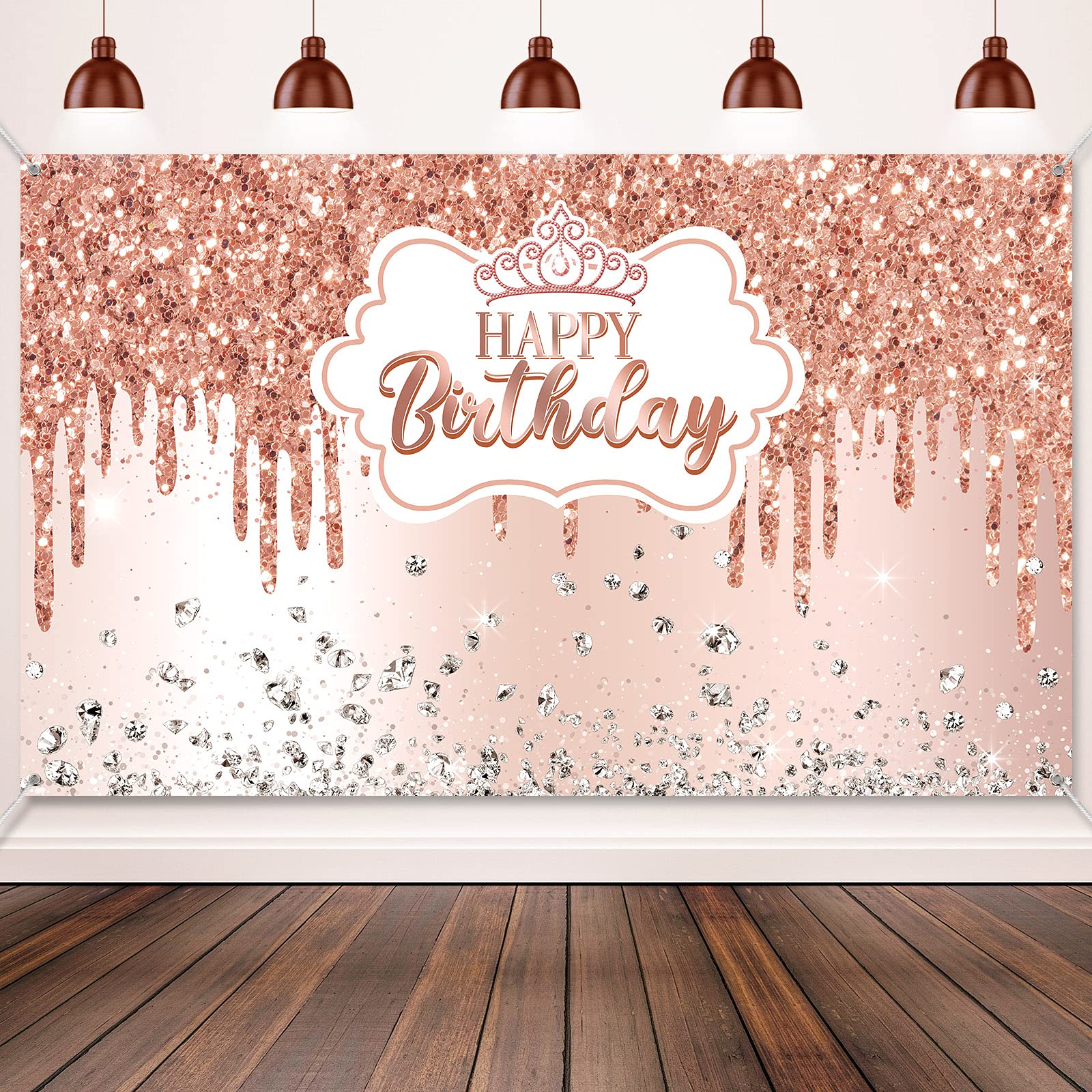 Rose Gold Happy Birthday Backdrop For Girls Women Rose Gold Happy Birthday Banner Glitter Diamond Birthday Backdrop Sweet Prince