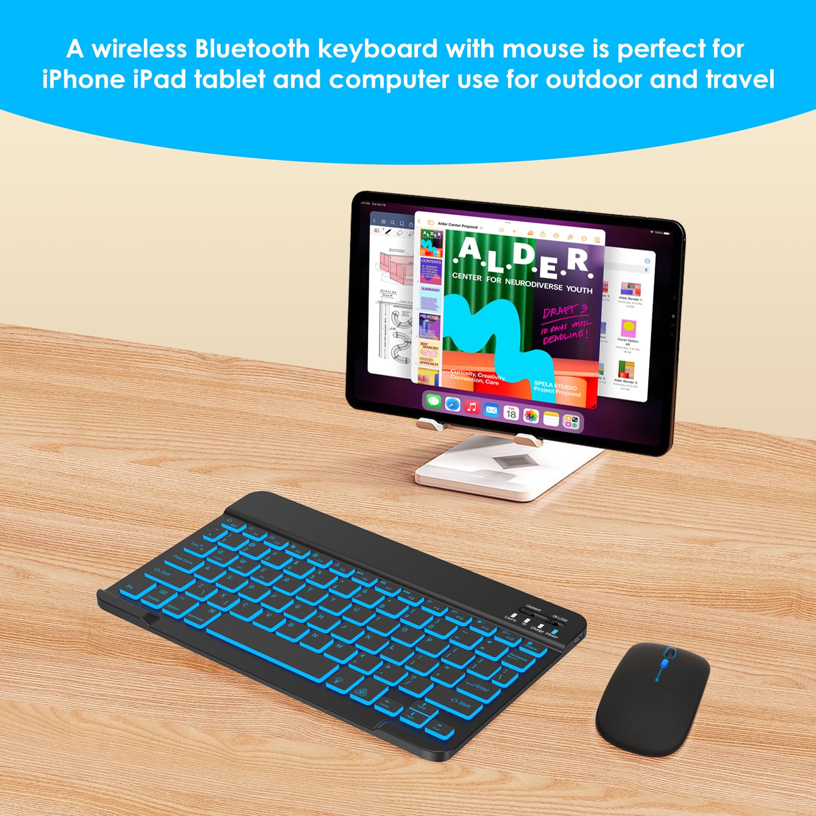 LAMA Backlit Universal Bluetooth Keyboard & Mouse, Ultra-Slim Rechargeable for iPad/iPhone/PC/Tablet - Black