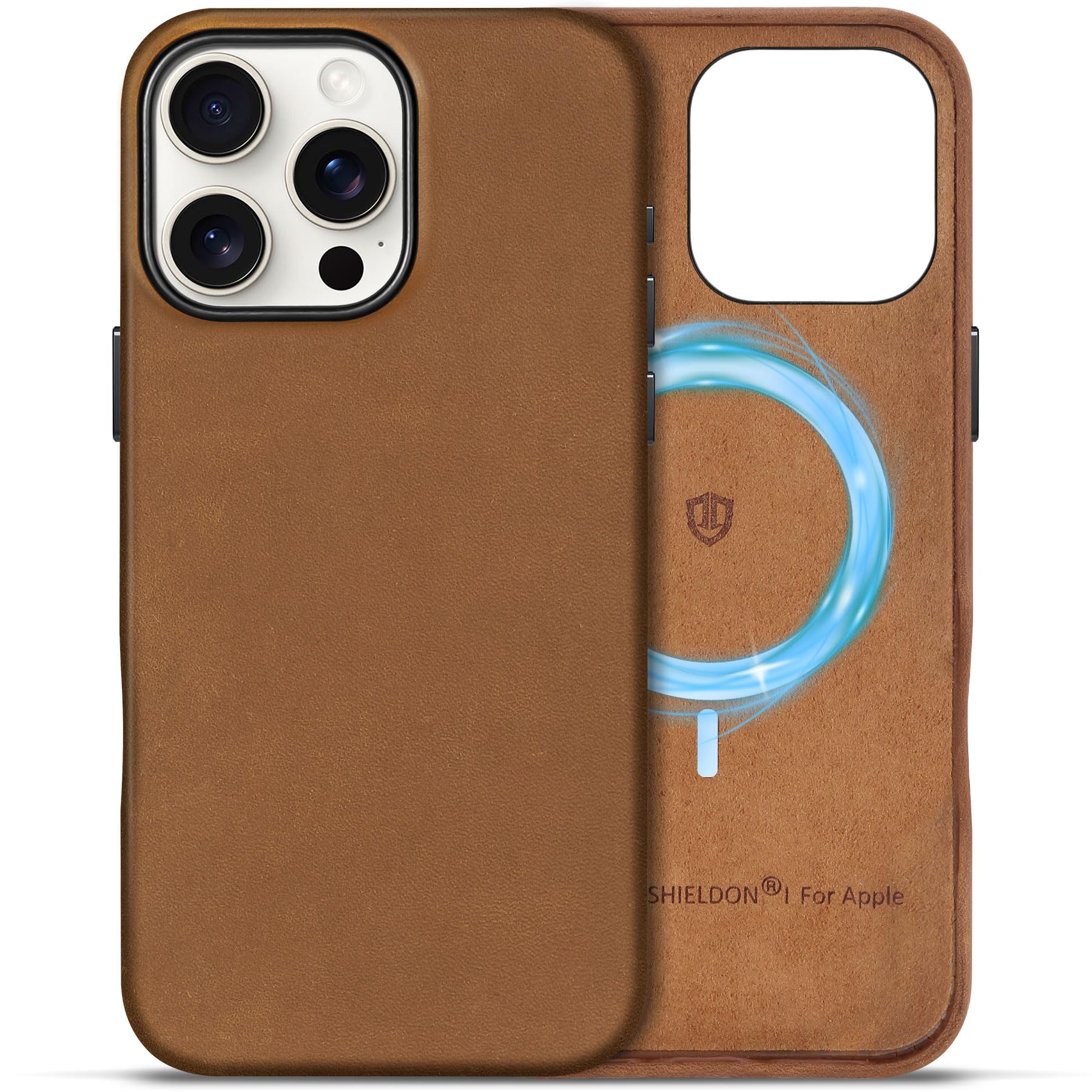 Shieldon Leather Case For Iphone 16 Pro Max 6.9'', Crazy Horse Leather Magnetic Wireless Charging Slim Non-Slip Shock-Absorbent 