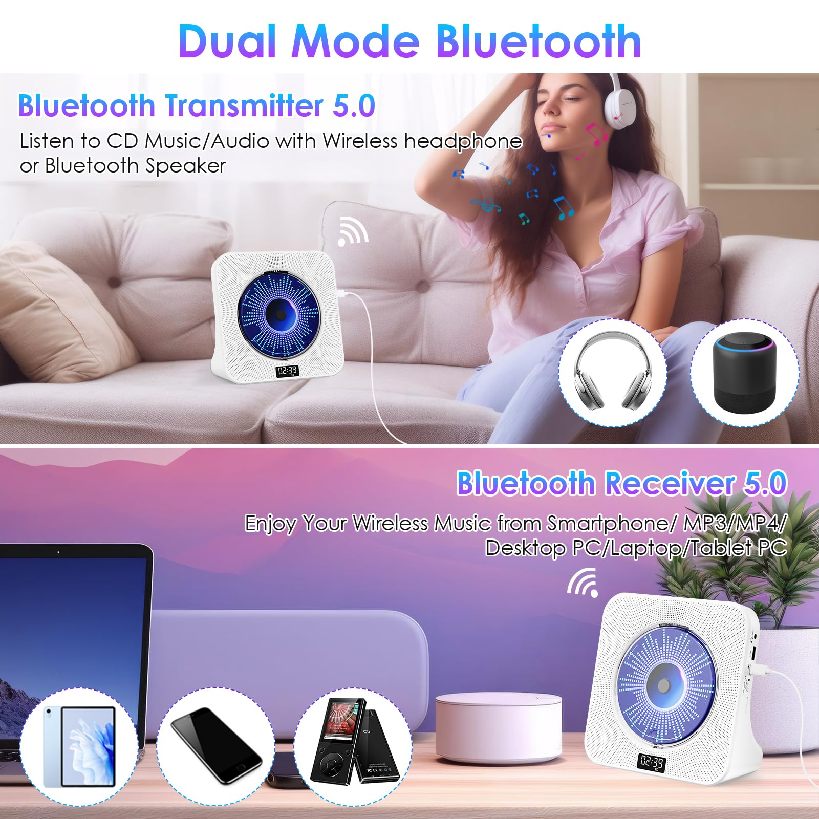 Gueray Cd Player Bluetooth Cd Players For Home Desktop With Dual Bluetooth & Large Lcd Screen Display Front Cd Player With Speak