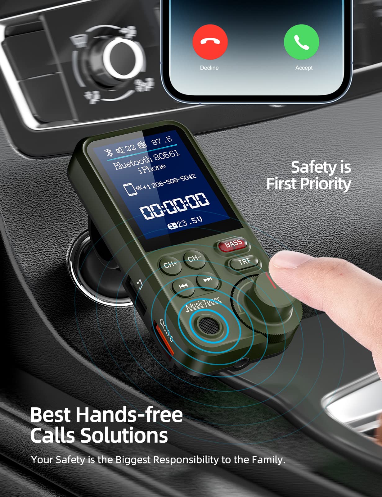 Nulaxy Fm Bluetooth Transmitter For Car, Strong Microphone Bluetooth Car Adapter With 1.8' Color Screen For Hands Free Calls, Supports Qc3.0 Charging, Treble And Bass Sound Music Player  Km30 Green