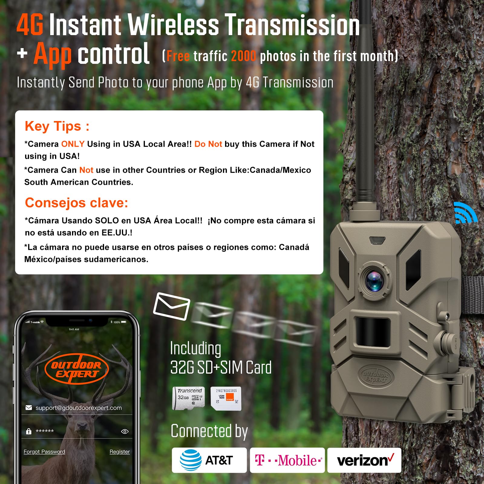 Outdoor Expert 4G Cellular Trail Camera,36Mp Hunting Camera With No Glow 940Nm Ir Led Night Vision,Hd Video Ip66 Waterproof Game