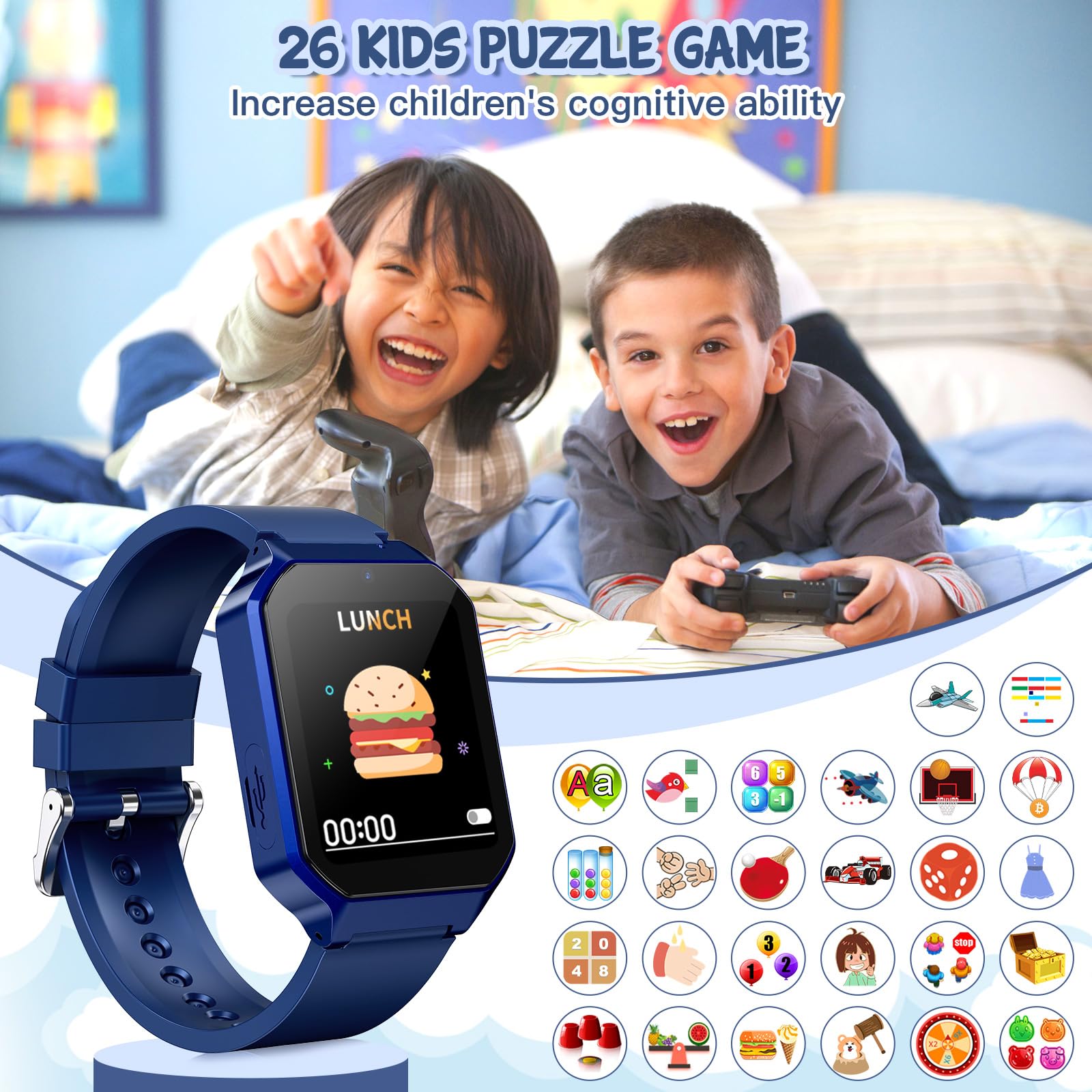Derui Smart Watch For Kids 3 12 Years Boys Girls, 26 Puzzle Games, Smartwatch With Camera, Pedometer, Stopwatch, Video Voice Music Player Calendar Alarm Clock Learn Card For Children Gifts (Blue)