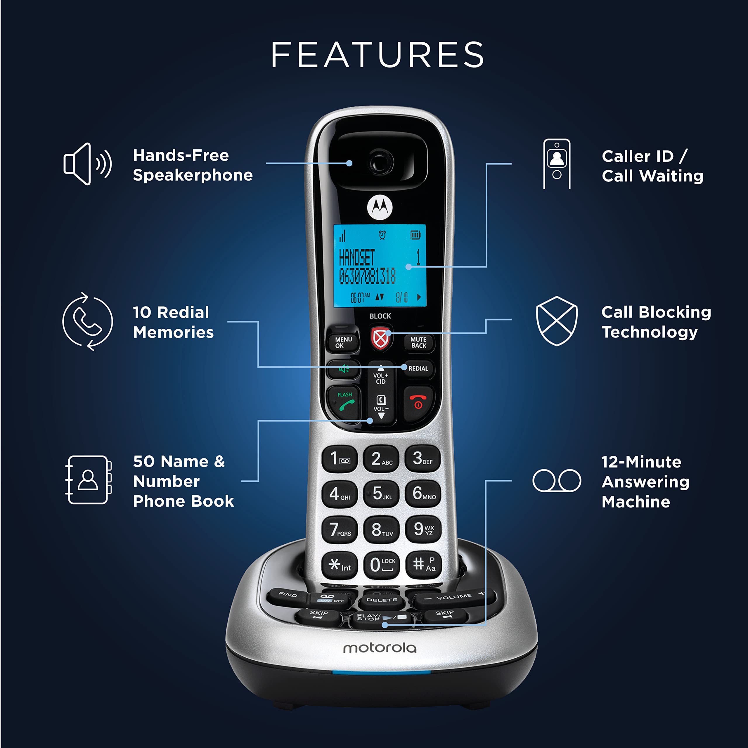 Motorola Cd4011 Dect 6.0 Cordless Phone With Answering Machine And Call Block, Silver/Black, 1 Handset