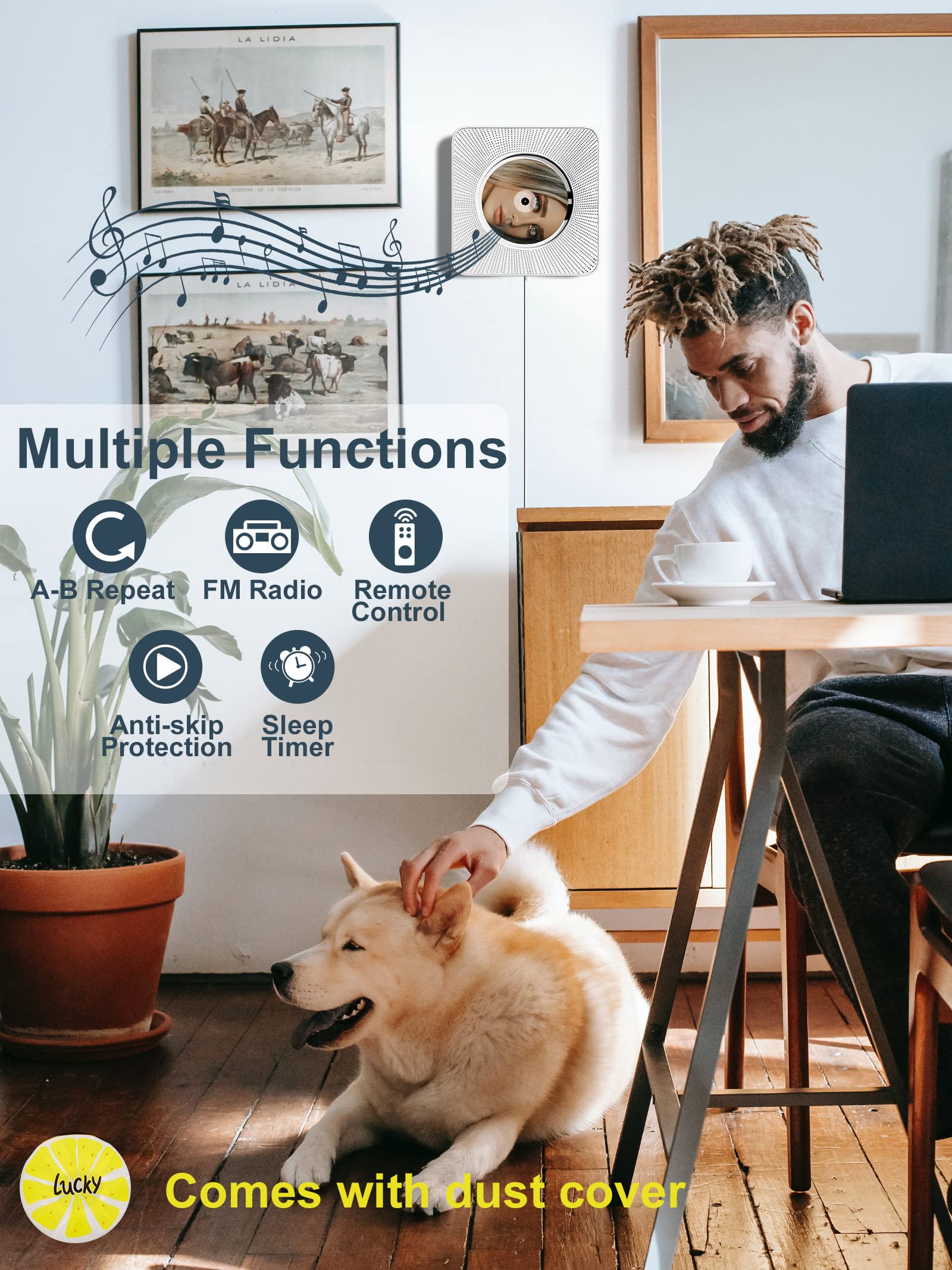 Portable Wall Mounted Cd Player With Bluetooth, Homlab Mountable Cd Music Player Built In Hifi Speakers, Home Audio Boombox With