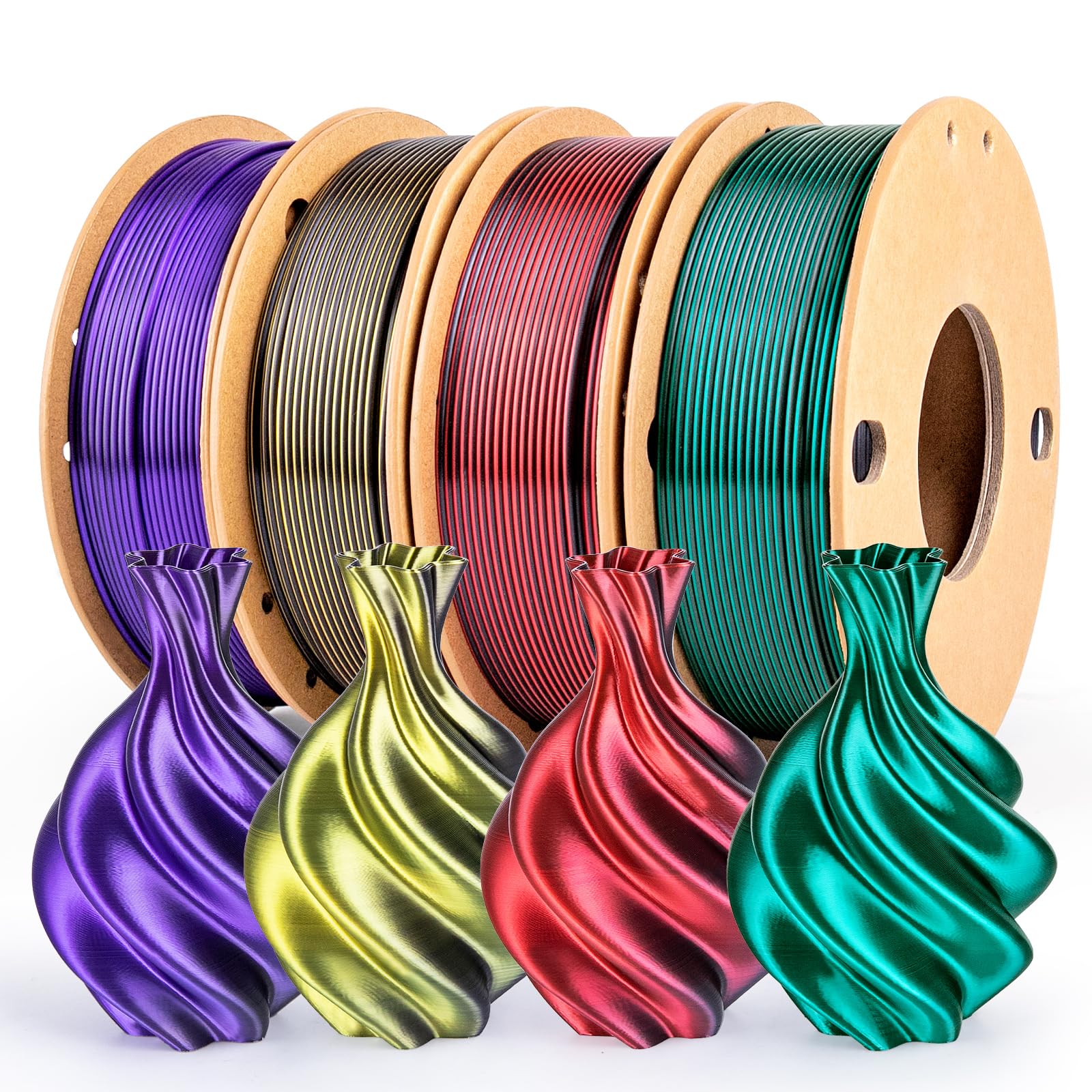 dikale Silk 3D Printing Filament PLA+ Dual Color Black Series Bundle 4-Pack - 1.75mm 3D Printing PLA Pro 250g (0.55lbs) x 4 Spoo