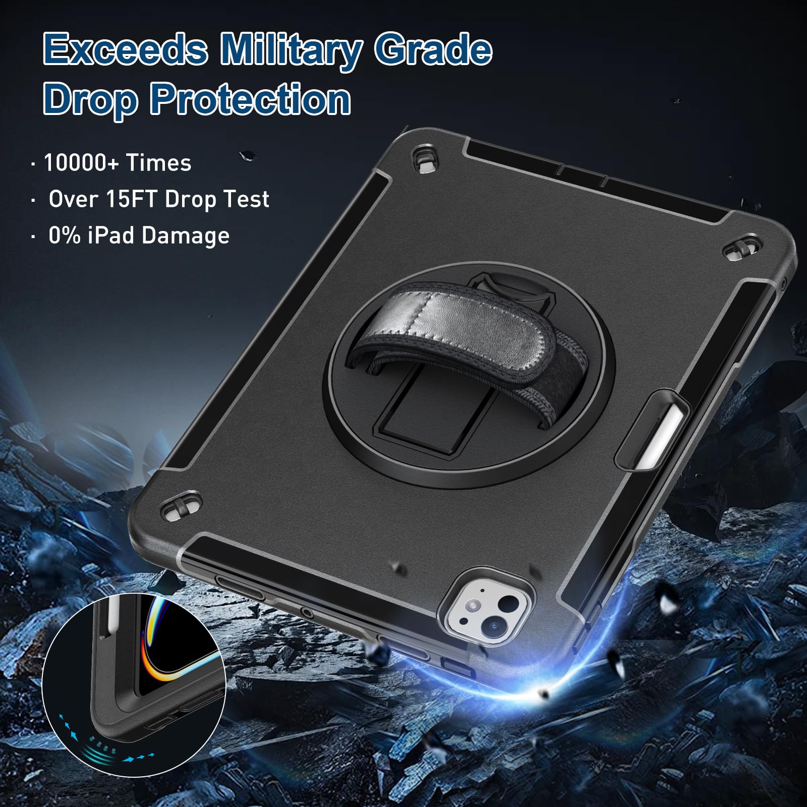 Supfives Case For Ipad Pro 11 Inch 2024 (5Th Gen), With Screen Protector/Shoulder Strap/Pencil Holder/Handle/Rotating Stand, Bla