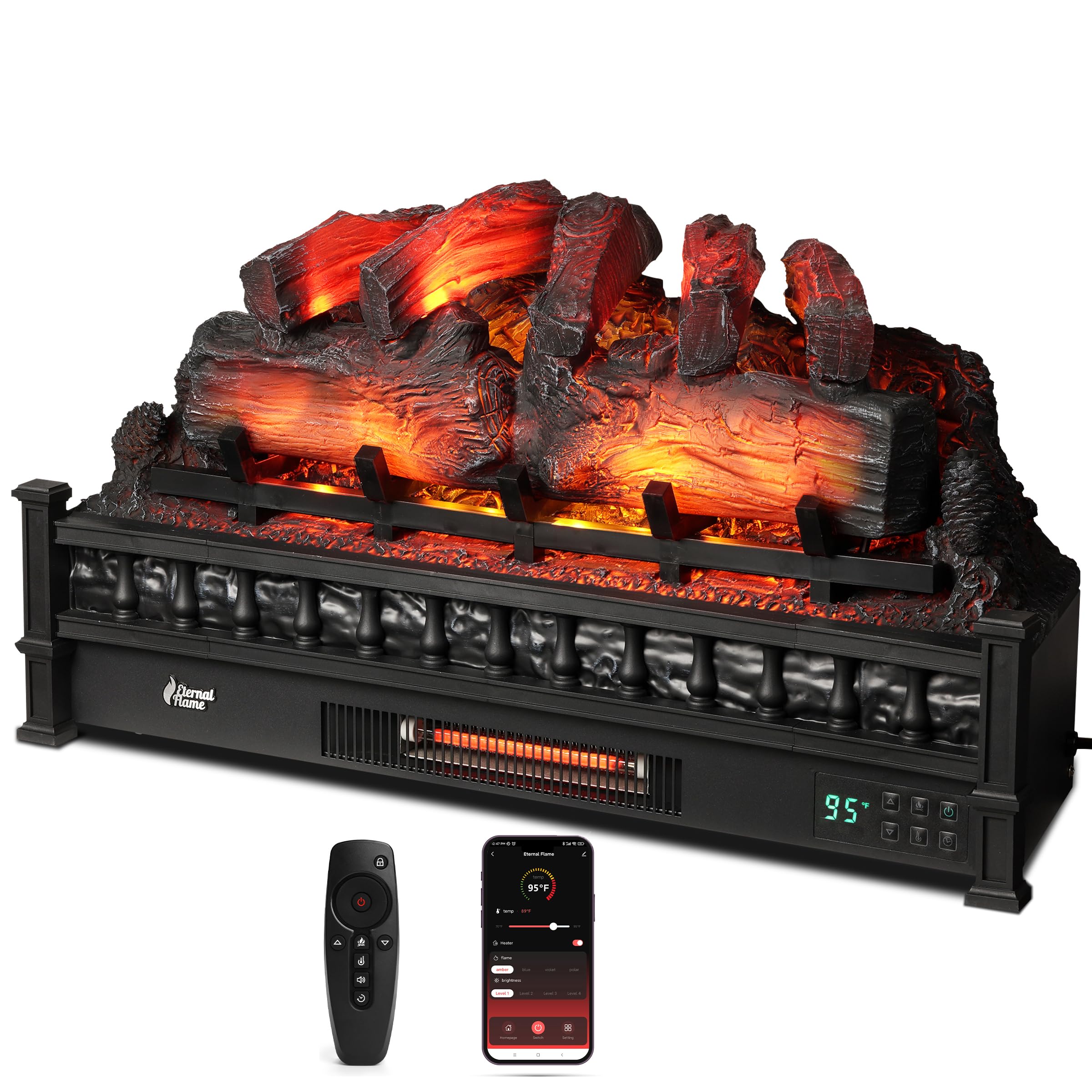 Turbro Eternal Flame 30 In. Wifi Infrared Quartz Electric Fireplace Log Heater With Sound Crackling, Realistic Pinewood Logs, Ad