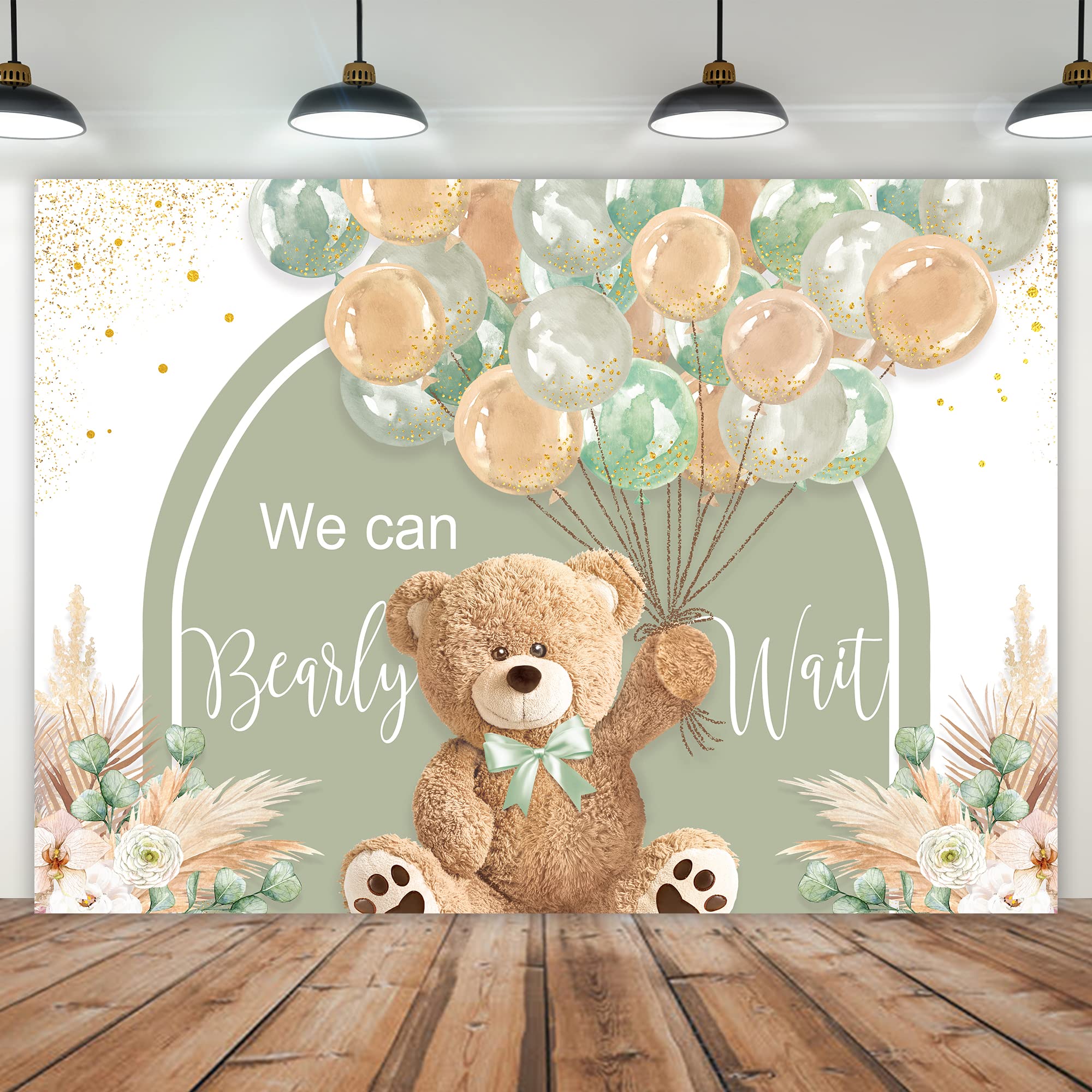 Imirell Bear Baby Shower Backdrop 8Wx6H Feet We Can Bearly Wait Cute Cartoon Green Brown Balloon Floral Pampas Grass Polyester F