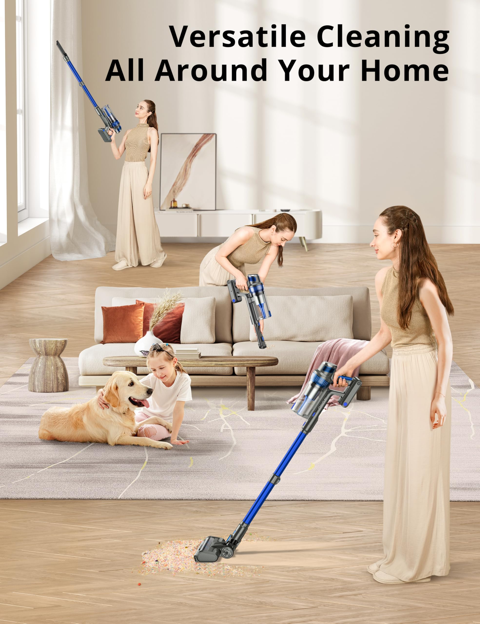 Qikcln Cordless Vacuum Cleaner   250W/30Kpa Powerful Stick Vacuum With Charging Dock, Max 40Mins Runtime, 3 Modes, Smart Led Dis