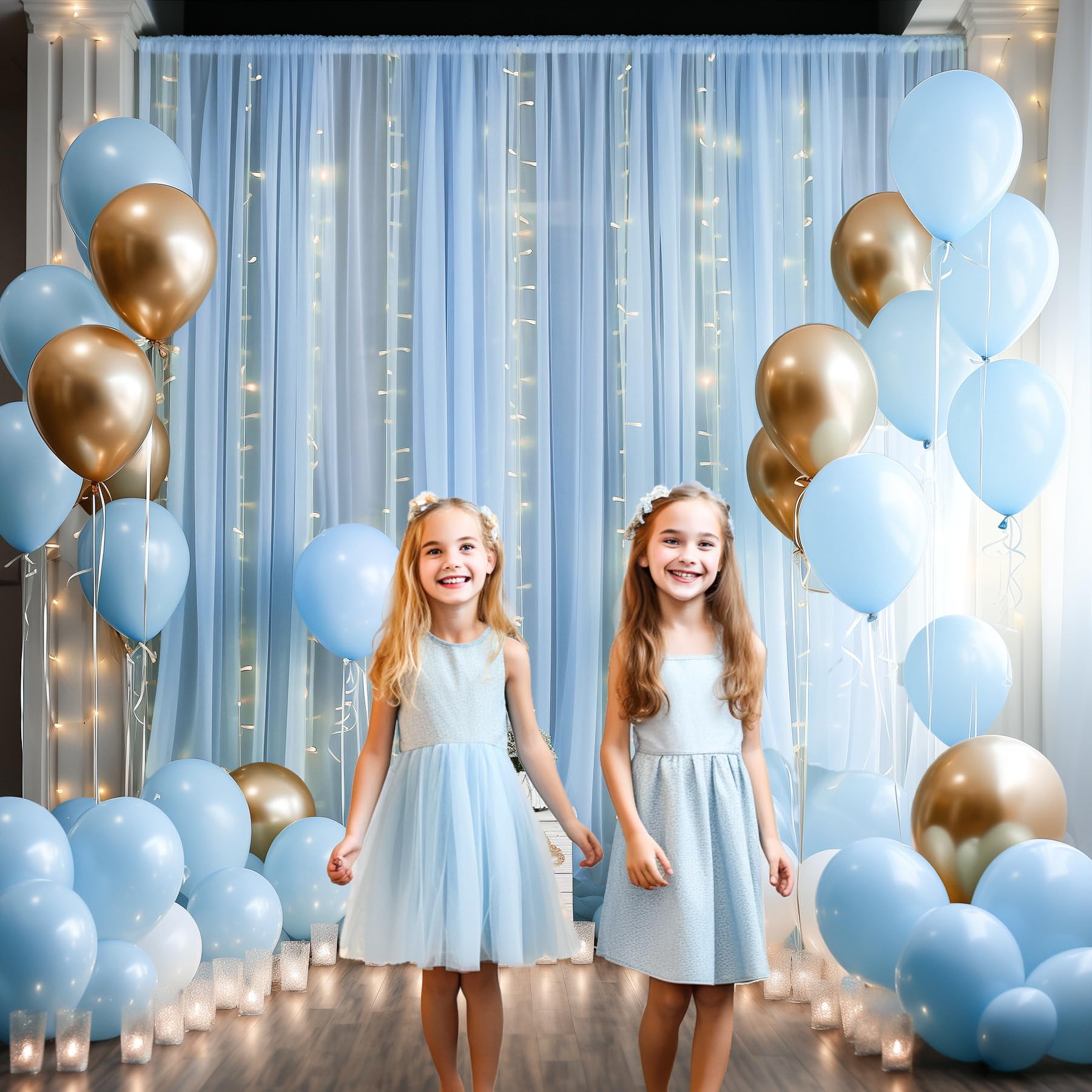 20X10Ft Baby Blue Tulle Backdrop Curtain With Lights String For Parites, Sheer Photo Backdrop Curtains With Lights For Wedding B