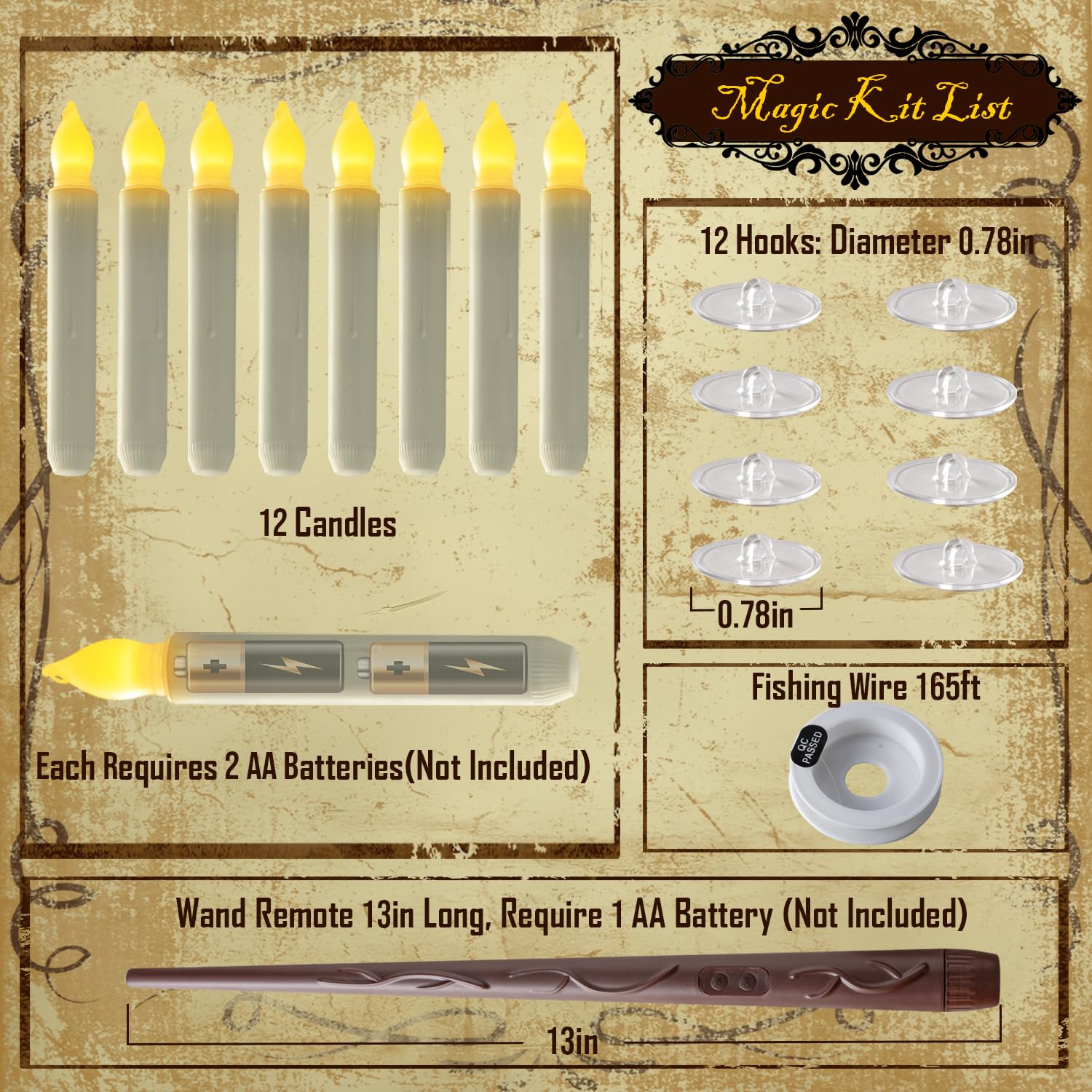 Homemory Floating Candles With Wand Remote, 12 Pcs Magical Floating Candles Witch Decors, Warm Yellow Flameless Taper Candles Ba