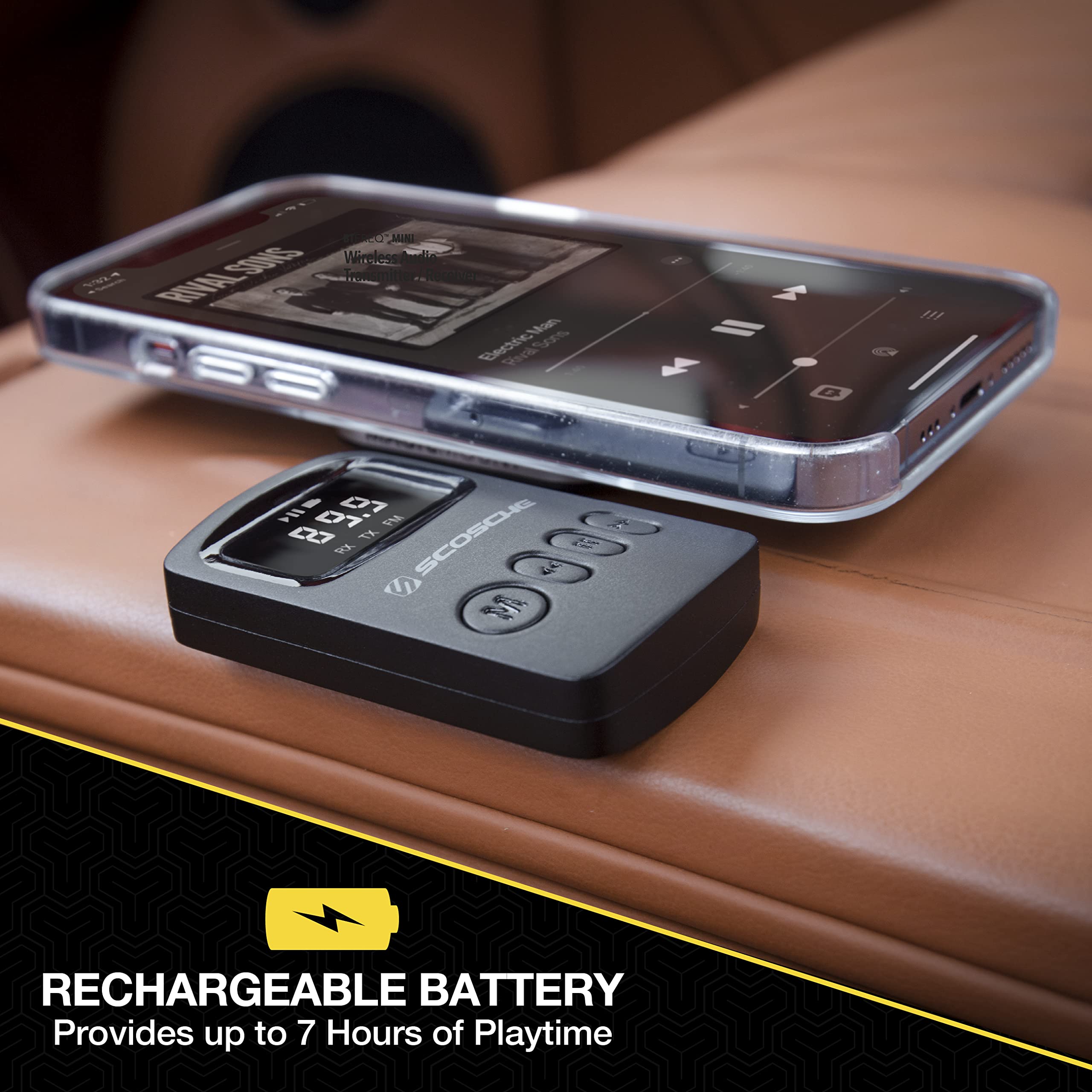 Scosche BTTRFM SP1 Portable Bluetooth Transmitter/Receiver, FM Transmitter and Wireless Audio Receiver for TV, Headphones, Home/Car Stereo, Airplane Entertainment and more, up to 7 Hour Battery Life