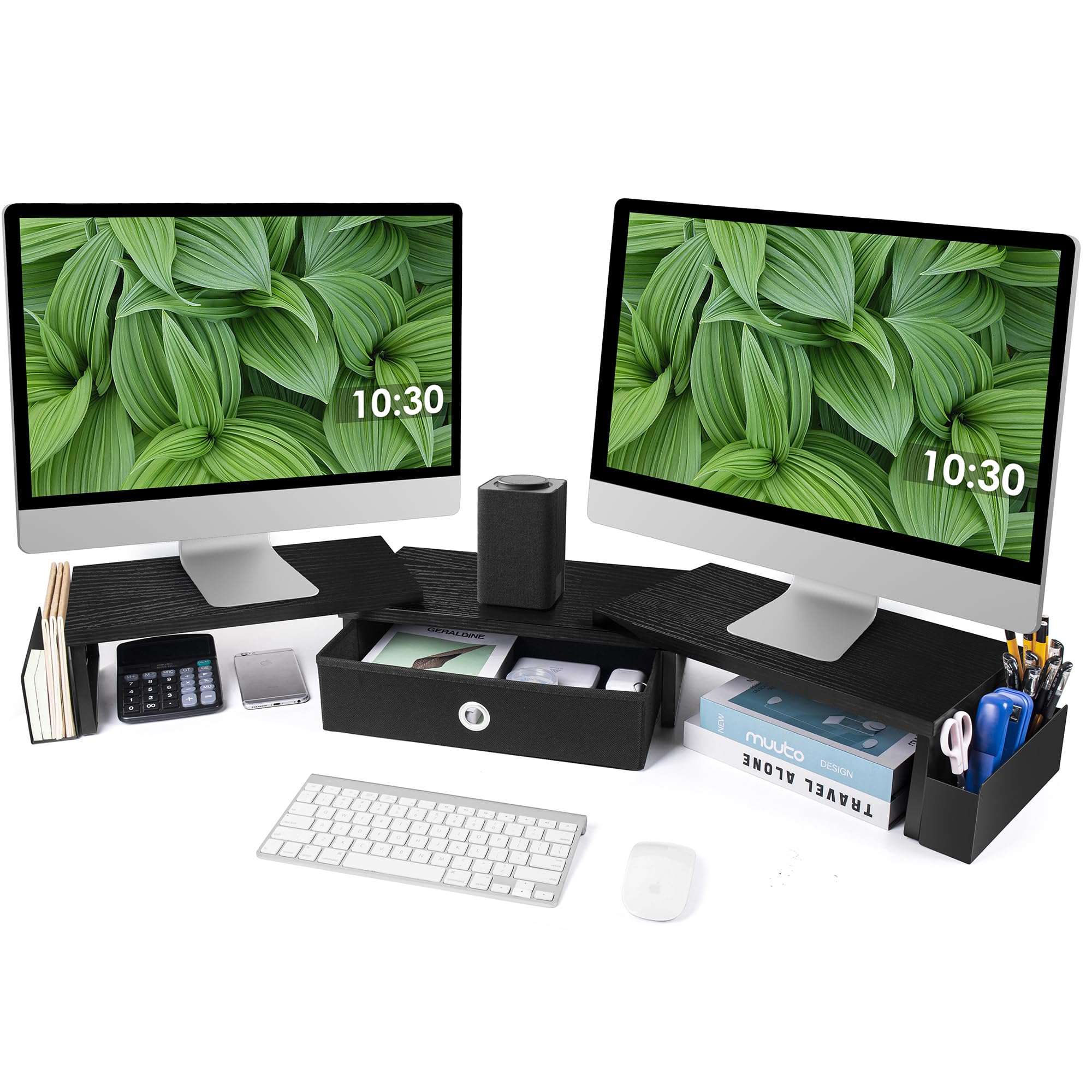 Dual Monitor Stand Riser W/ Drawer & Metal Leg, Large Computer Monitor Riser W/ Storage For 2 Monitors, Desk Shelf For Monitor W