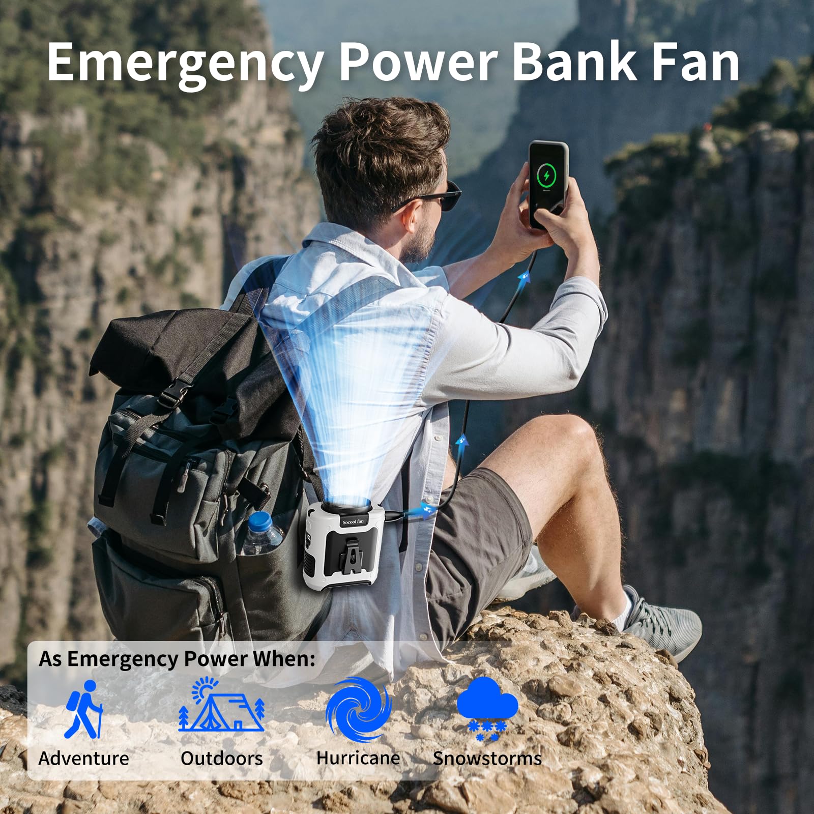 Socool 10000Mah Portable Waist Fan Clip On Wearable Belt Personal Fan Rechargeable Battery Operated With 5 Speeds & Flashlight N