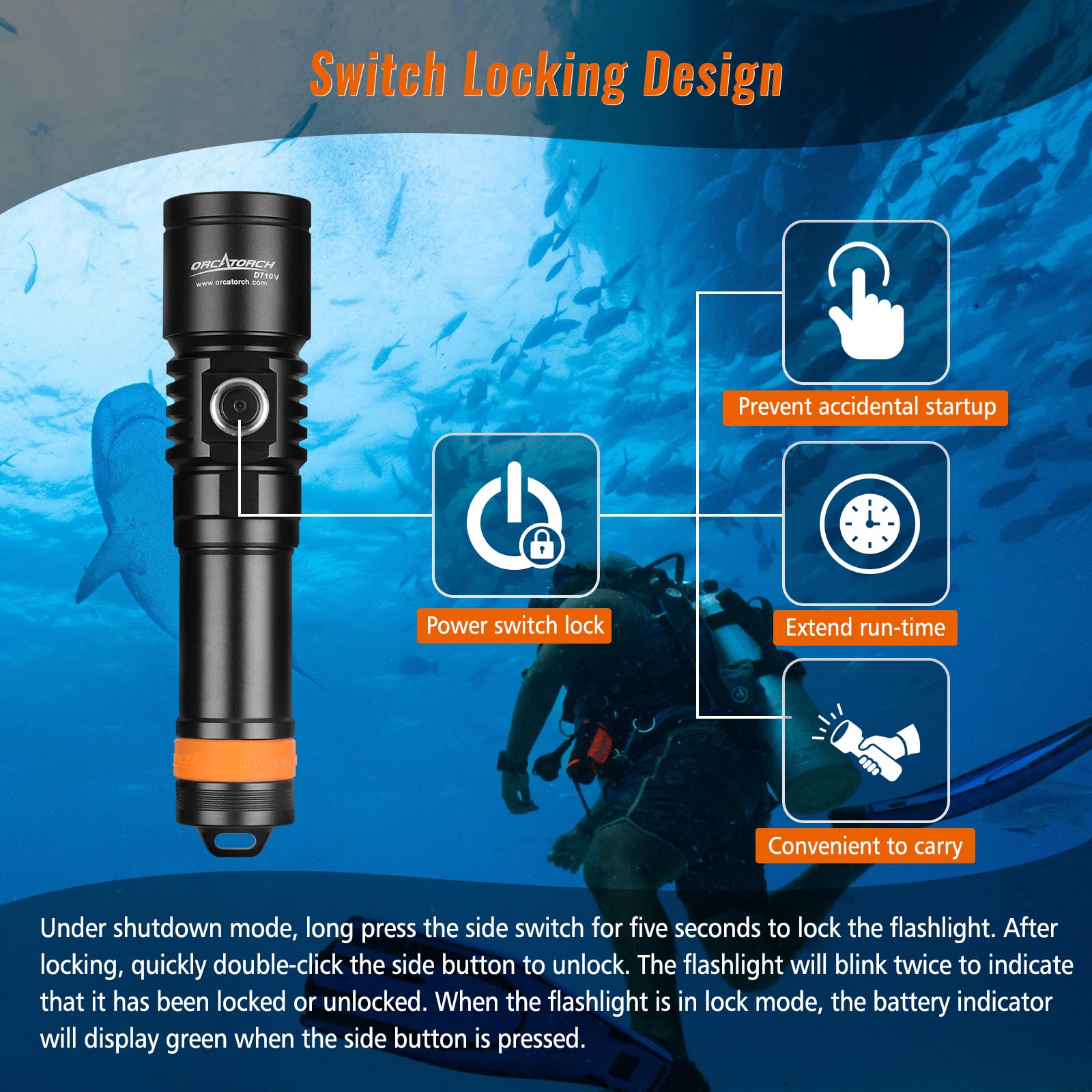 Orcatorch D710V 2000 Lumens Underwater Video Light, White Red Violet Tri Color, 120 Degree Wide Beam Scuba Flashlight For Dive P