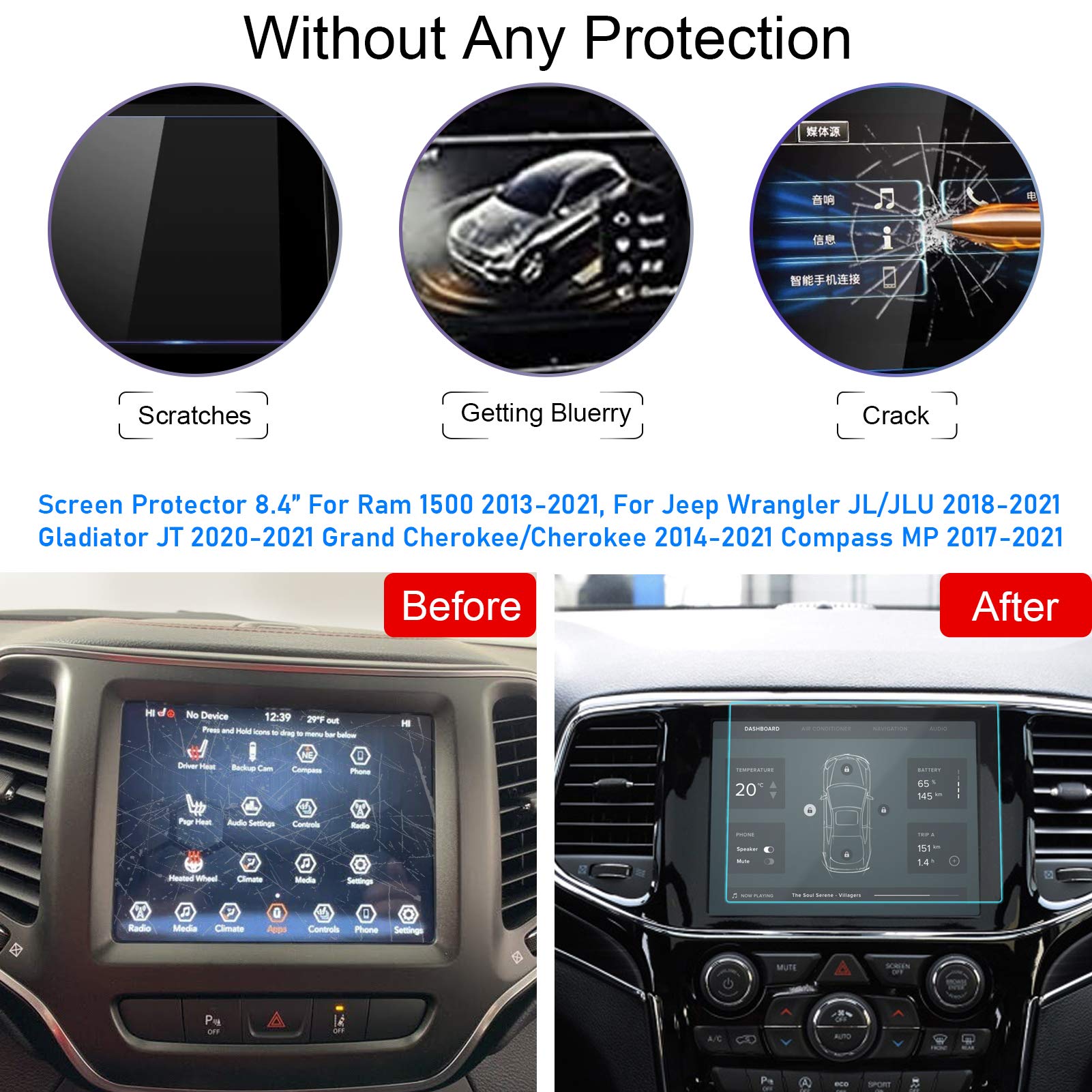 Ttcr Ii For Ram 1500 Screen Protector 8.4 2013 2022, For Jeep Grand Cherokee 8.4 Screen Protector 2014 2021, Screen Protector For Wrangler Jl 2018 2021, Gladiator Jt 2020 2021, Compass Mp 2017 2021
