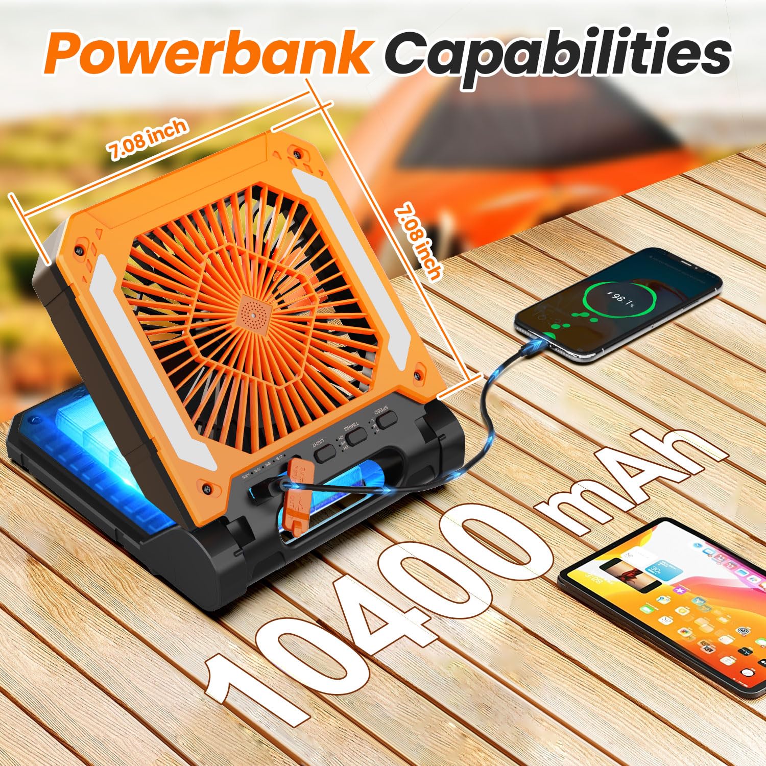 20000Mah Rechargeable Solar Powered Portable Fan With Led Lantern, 3 Speeds Cordless Battery Operated Camping Fan With Powerbank