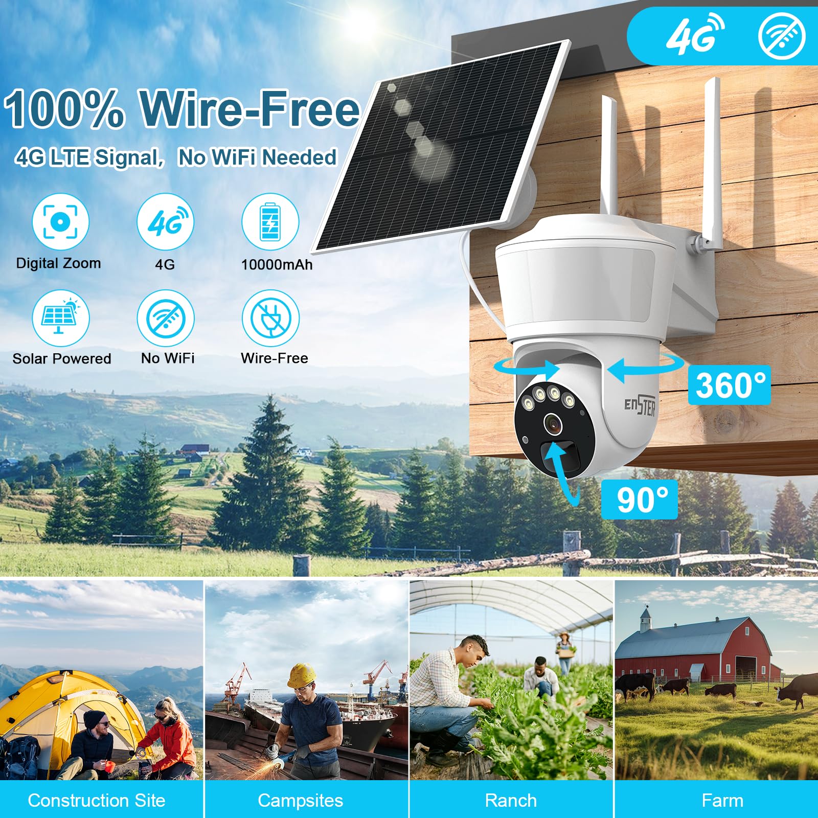 Enster 4G Lte Cellular Security Camera Outdoor Wireless, 2K Solar No Wifi Security Camera With Floodlight, Spotlights, Pir Motio