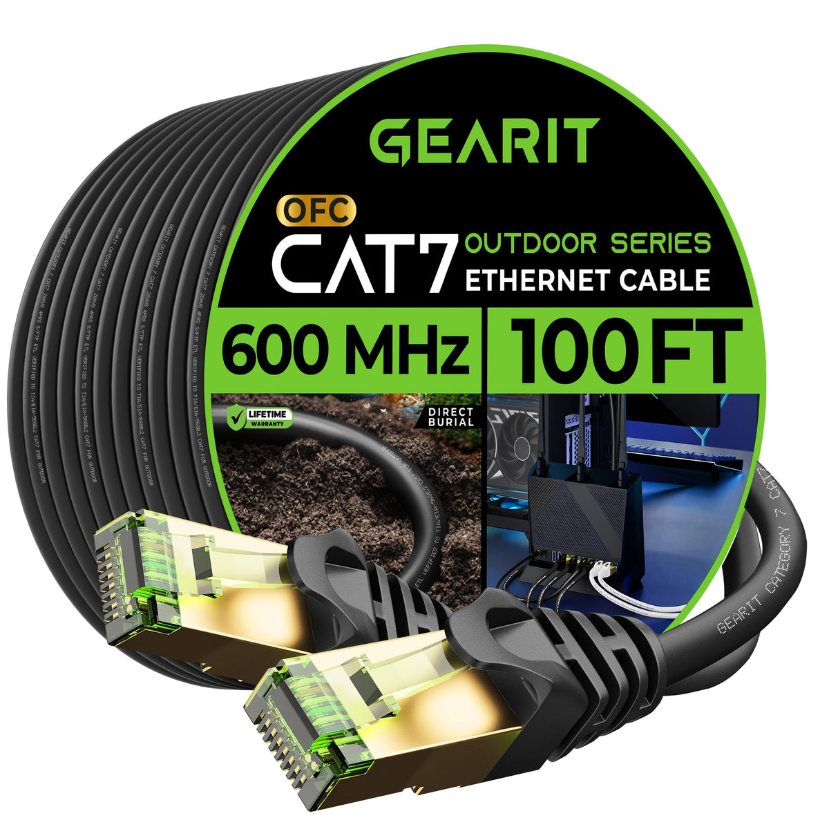 Gearit Cat7 Outdoor Ethernet Cable (100Ft) Sftp Shielded Foil Twisted Pair, Pure Copper, Lldpe, Waterproof, Direct Burial, In Gr