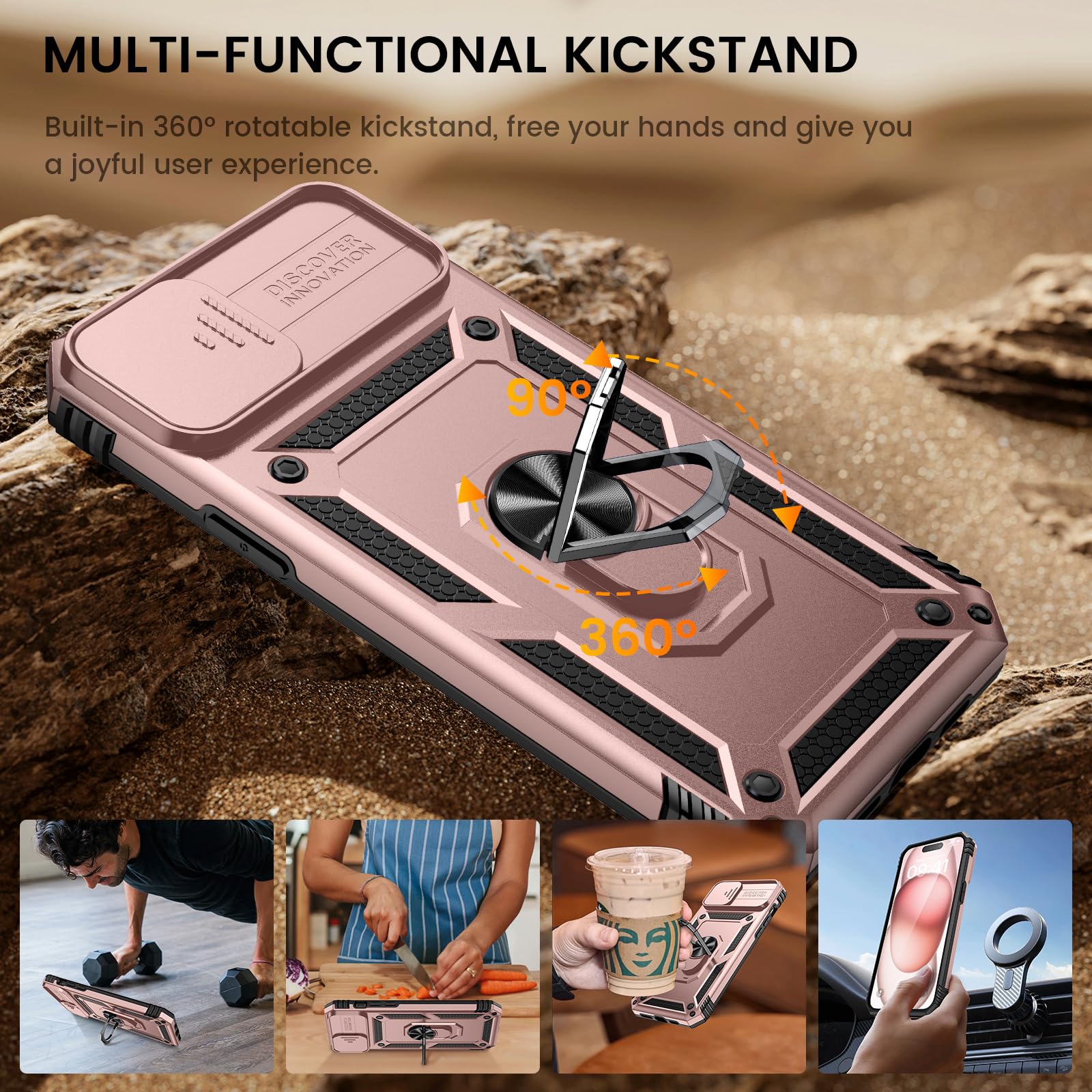 Goton For Iphone 15 Plus Case With Screen Protector   Slide Camera Cover Protective Phone Case With Ring Stand, Heavy Duty Shock