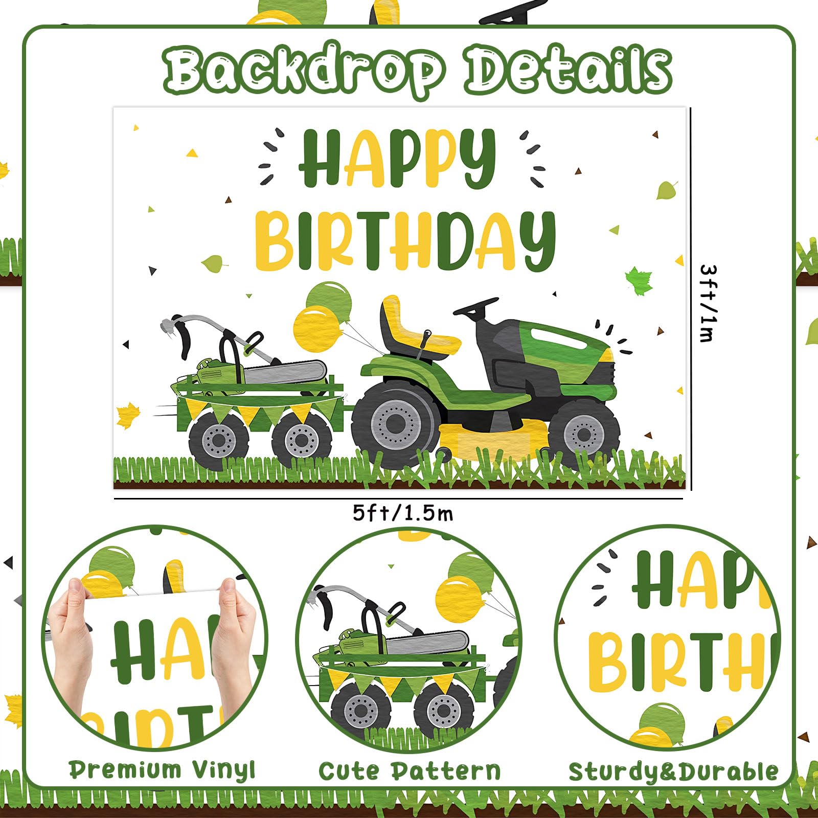 Sursurprise Lawnmower Birthday Party Decorations, Lawn Mower Green Grass Backdrop 5 X 3Ft, Tractor Birthday Photography Backgrou