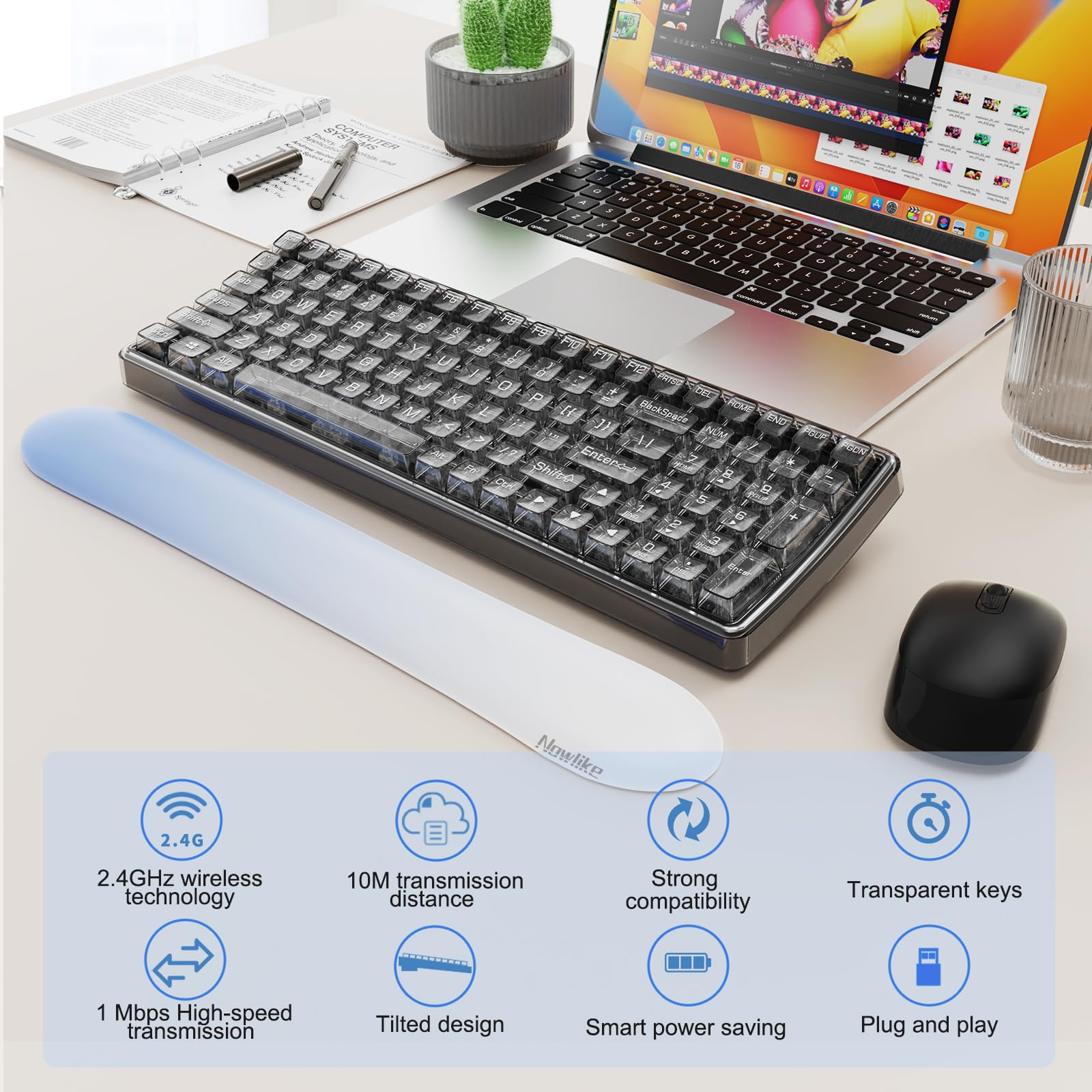 Wireless Transparent Keyboard And Mouse Combo With Soft Wrist Rest, Nowlike Ergonomic Full Size With Clear Keycaps, Compatible W