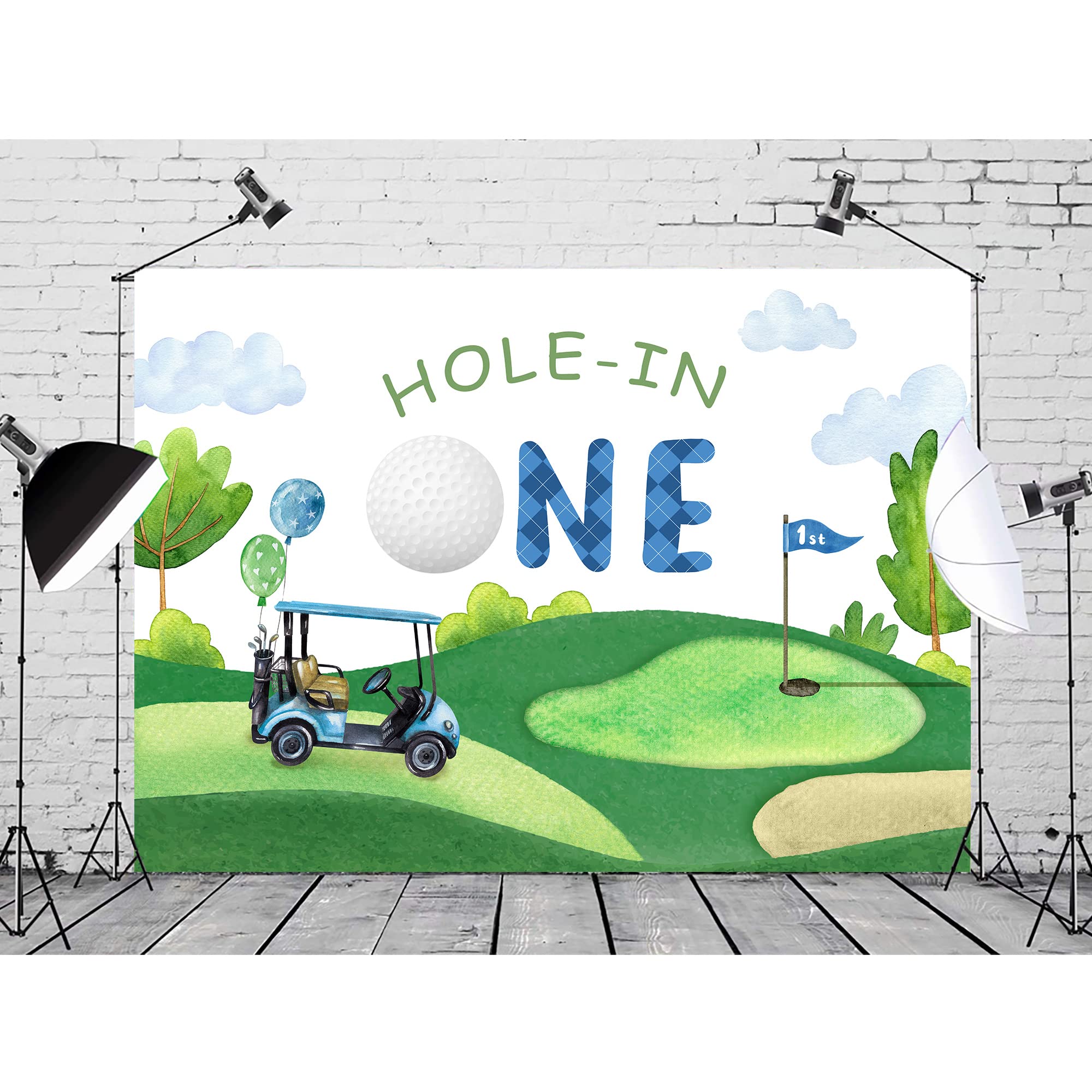 Svbright Golf 1St Happy Birthday Backdrop 8Wx6H Cute Cartoon Hole In One Watercolor Green Grass Plant Sports Themed Baby Shower