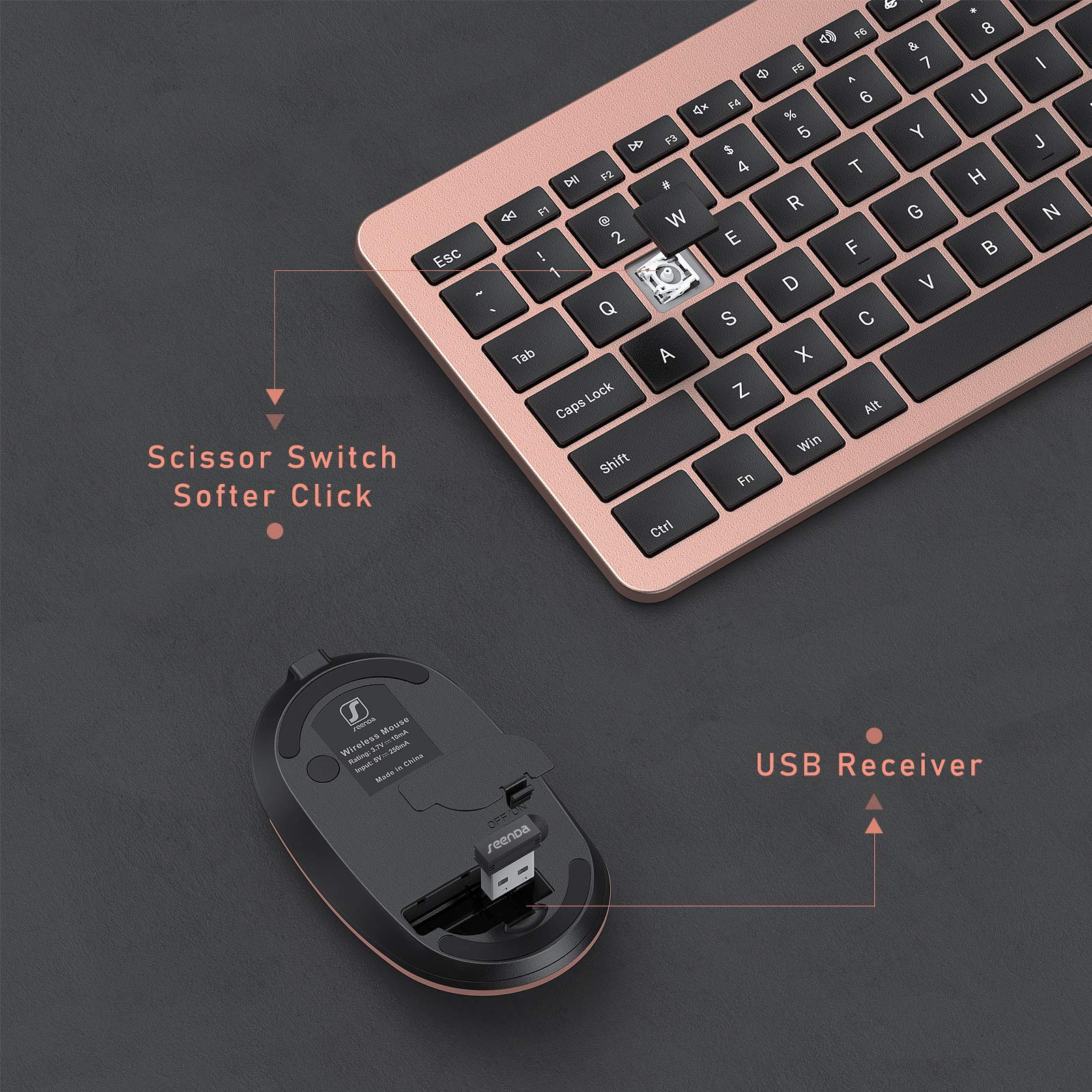 Seenda Rechargeable Wireless Keyboard Mouse Combo Full Size Cordless Keyboard & Mouse Sets With Build In Lithium Battery Ultra Thin Quiet Keyboard Mice (Rose Gold & Black)