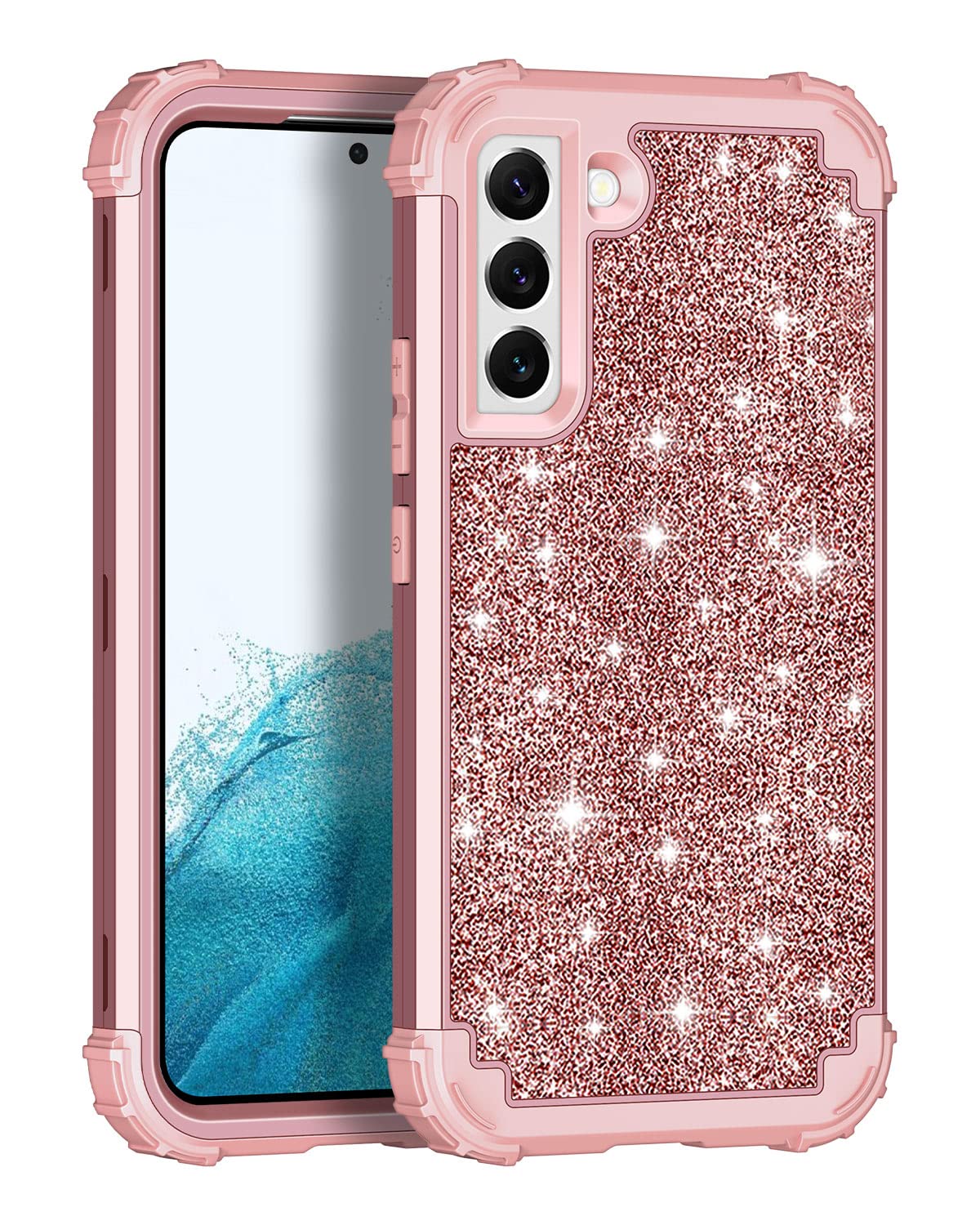 Lontect Compatible With Galaxy S22 5G Case Glitter Sparkly Bling Shockproof Heavy Duty Hybrid Sturdy High Impact Protective Cove