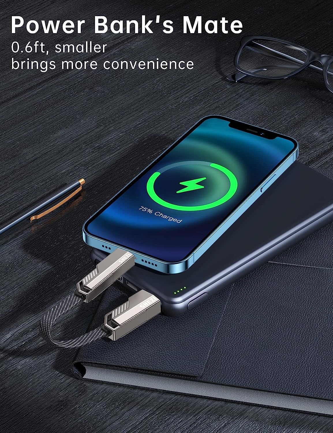 Shezi 4 In 1 Short Usb C Cable 60W 0.6Ft Lightning Cable, Fast Charging [480Mbps Data Sync] Flat Nylon Braided Multi Charger Cor