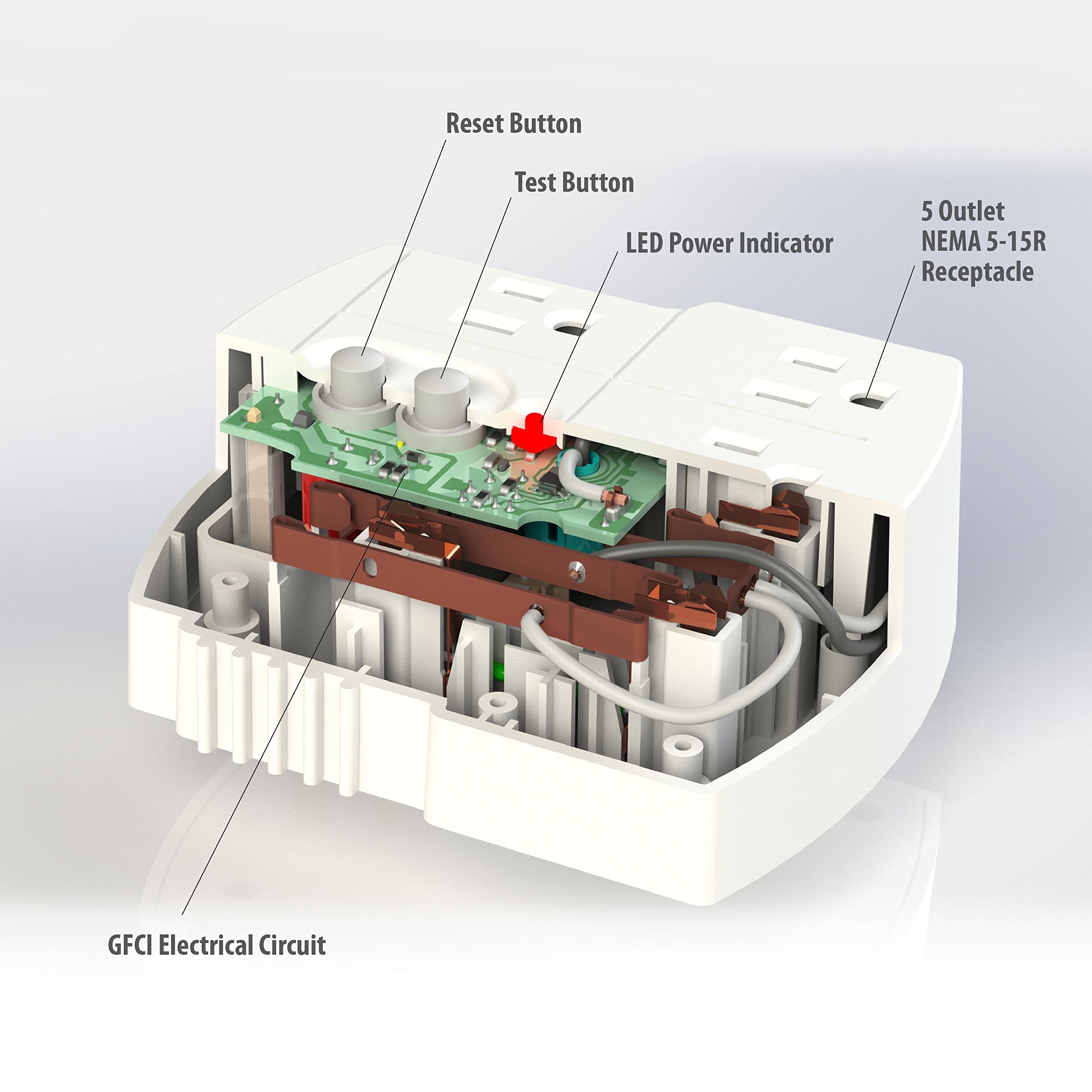 Tower Manufacturing 30440003 Auto Reset 15 Amp Grounded 3 Prong Gfci 5 Outlet Adapter, White