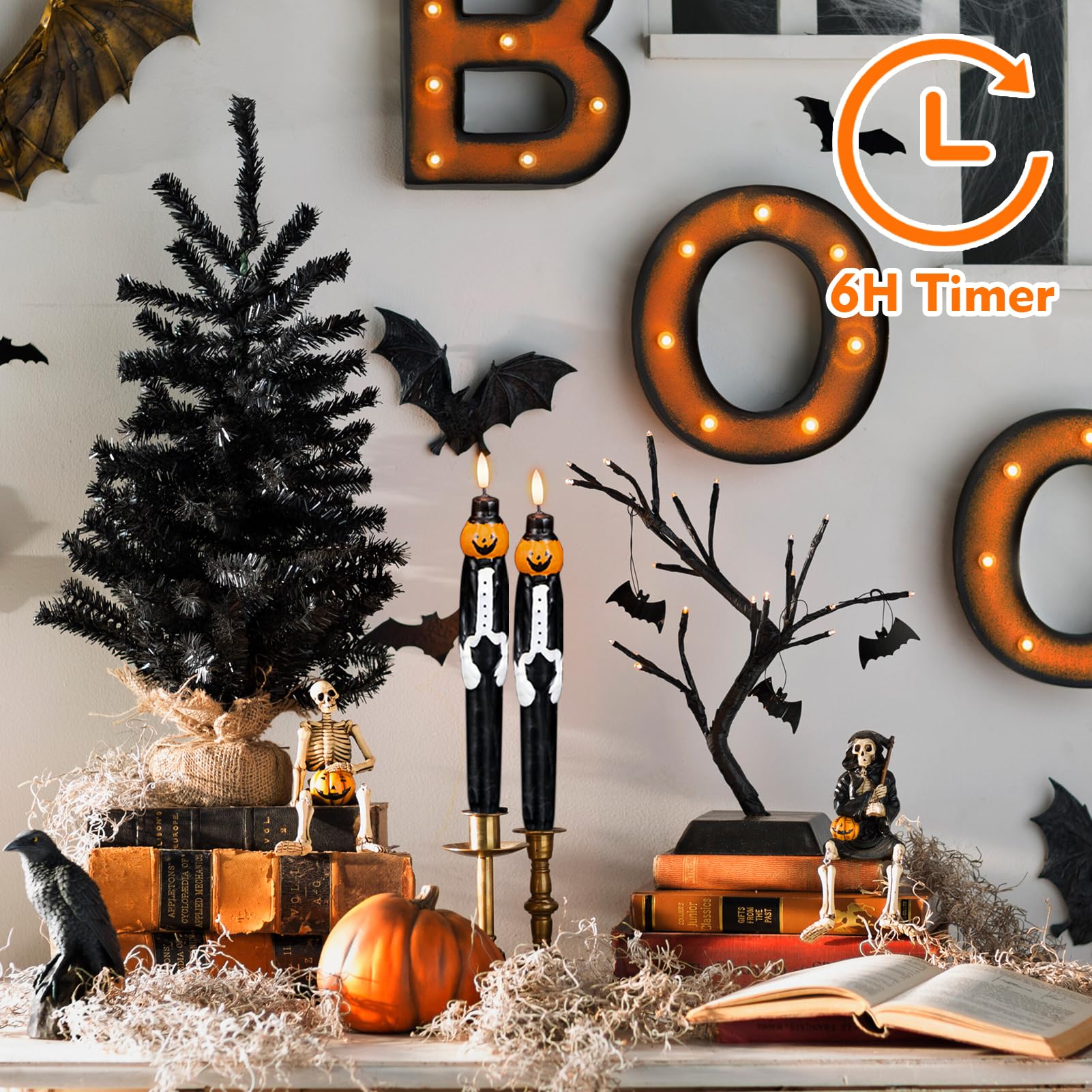 Genswin Halloween Flameless Taper Candles With Timer, 2 Pack Taper Candles Battery Operated, Real Wax Pumpkin Gentleman Suit Des