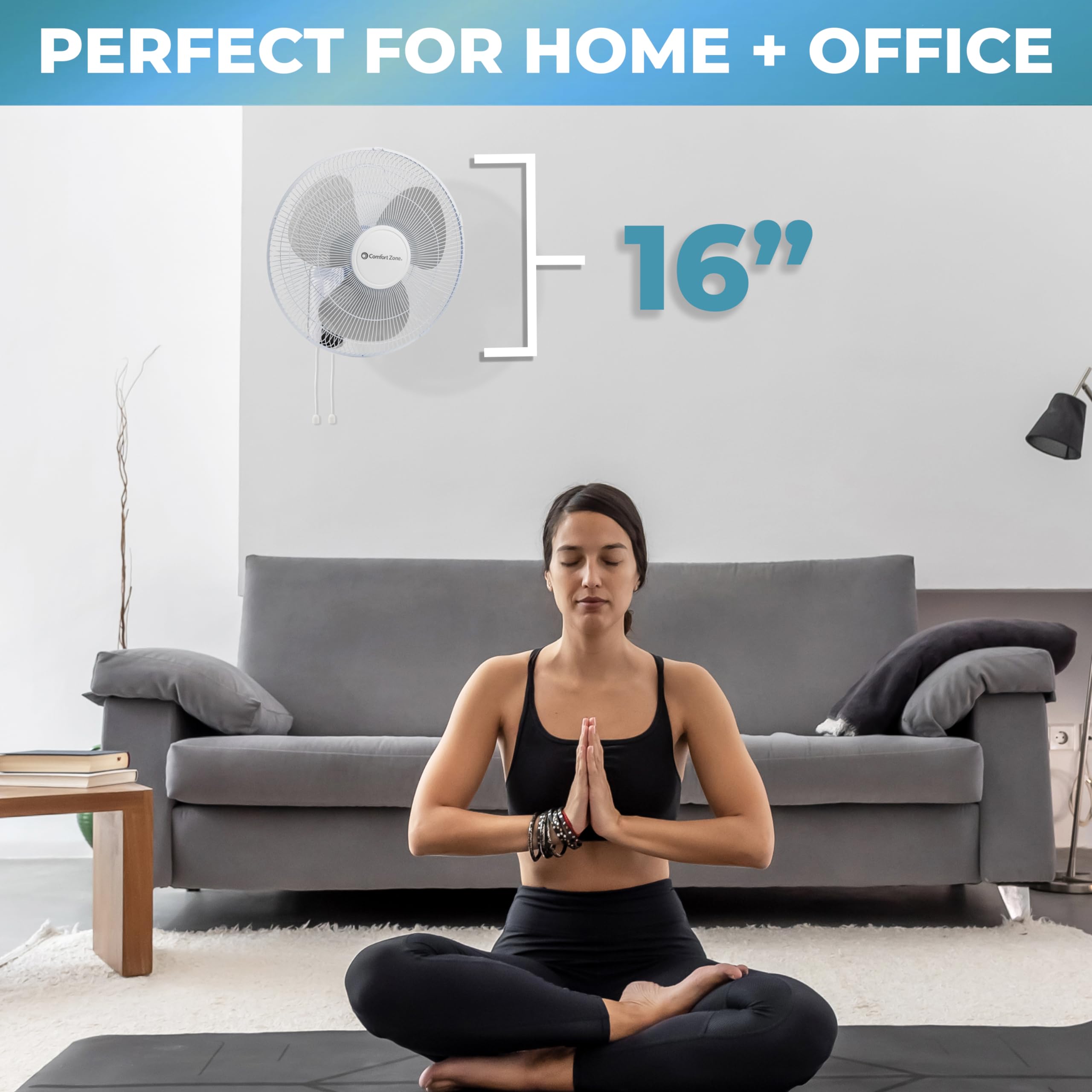 Comfort Zone Oscillating Wall Mount Fan With Adjustable Tilt, 16 Inch, 3 Speed, Metal Grille, 90 Degree Oscillation, Airflow 14.
