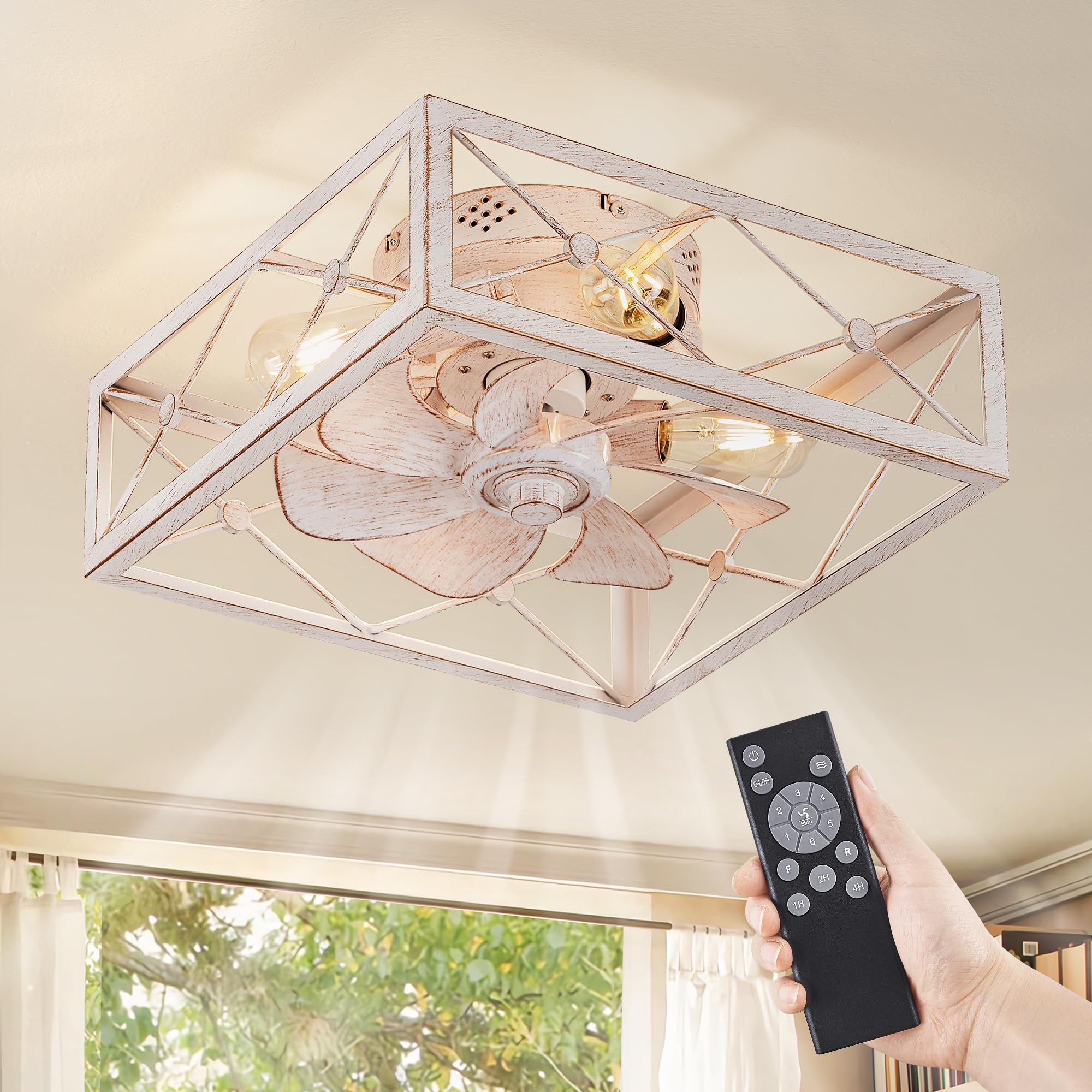 LEDIARY Caged Low Profile Ceiling Fans with Lights and Remote, White Square Flush Mount Ceiling Fan, 6 Speed and Reversible, Sma