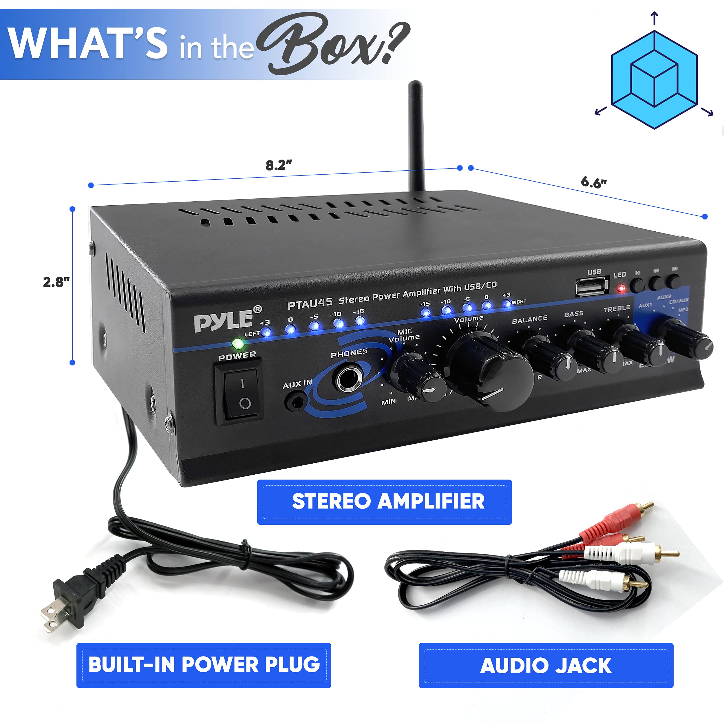 Pyle Bluetooth Audio Power Amplifier   2X120 Max Amp Power, Portable 2 Channel Surround Sound Stereo Receiver With Usb/Mp3 Reade