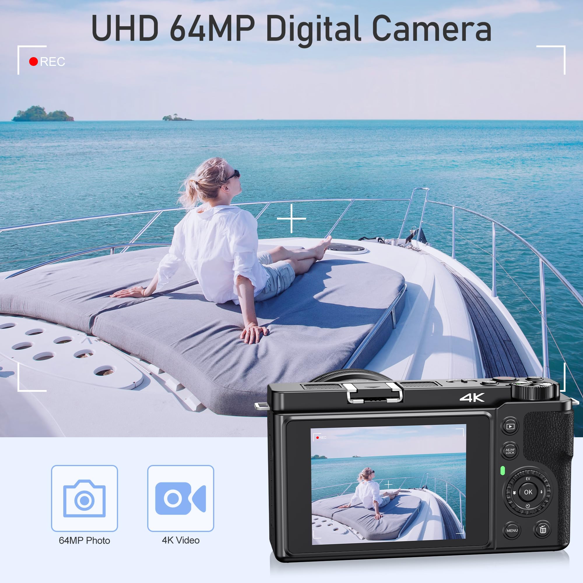 Cameras For Photography,4K 64Mp Digital Camera,12X Optical Vlogging Camera For Youtube,One Button Point And Shoot Digital Camera,Auto Focus Video Camera,Travel Camera With 64G Tf Cards For Beginners