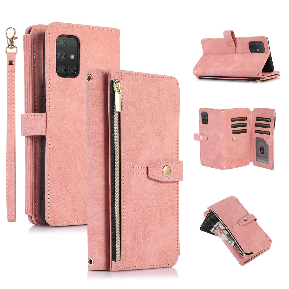 Ueebai Case For Samsung Galaxy A51 4G, 9 Card Slots Retro Leather Wallet Shockproof Flip Cover With Hand Strap Card Slots Zipper