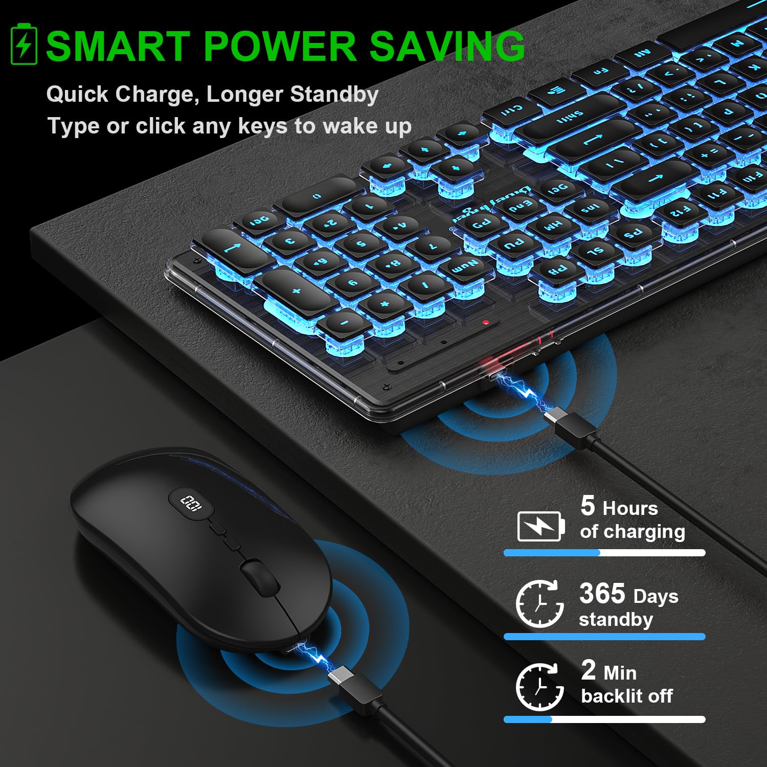 Bluefinger Wireless Keyboard And Mouse With Power Display, Blacklit Rechargeable Full Sized Silent Light Up Gaming Keyboard Mous