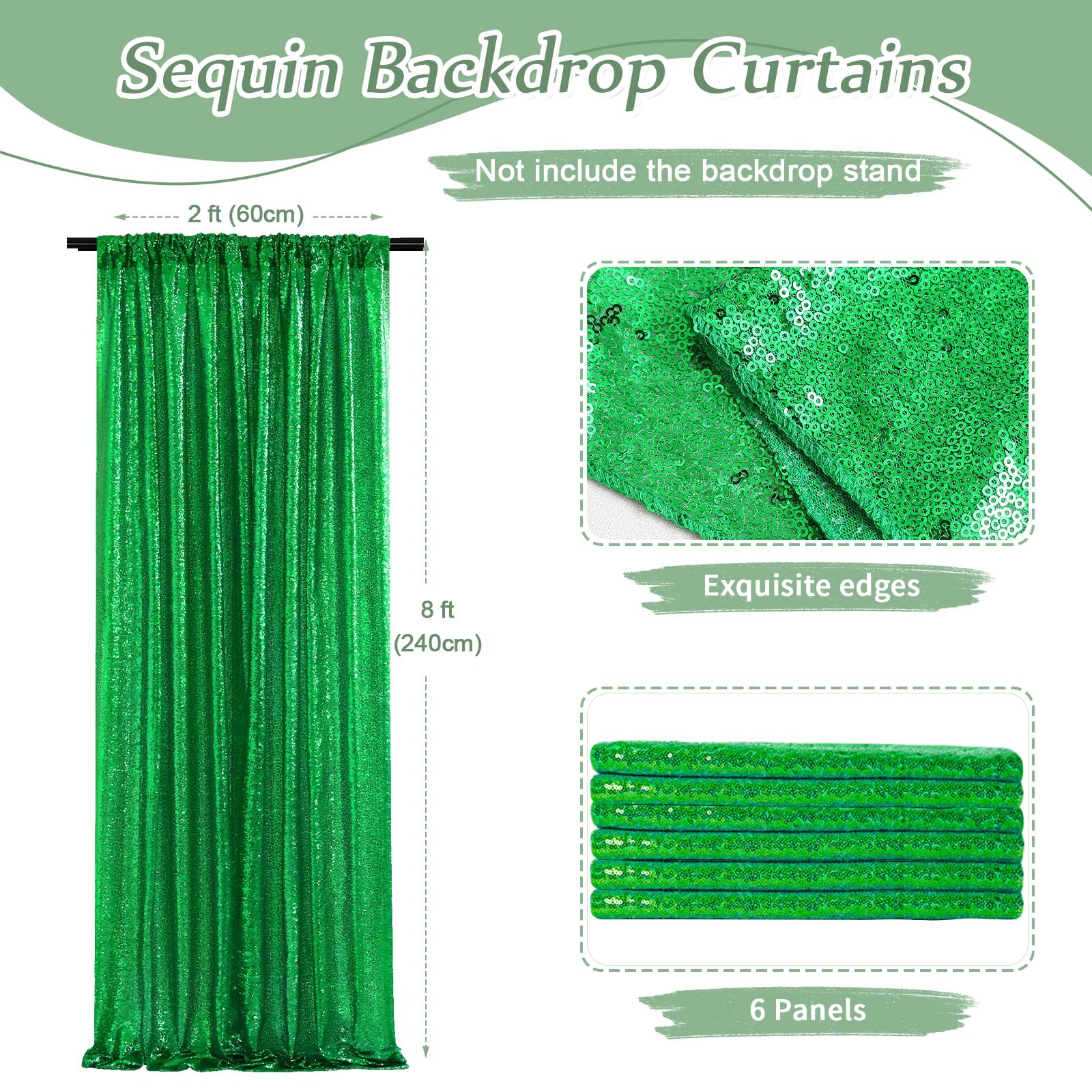 Green Sequin Backdrop Curtains 6 Pieces 2Ftx8Ft Glitter Backdrop Christmas Decoration Sparkly Party Cake Table Backdrop Drapes