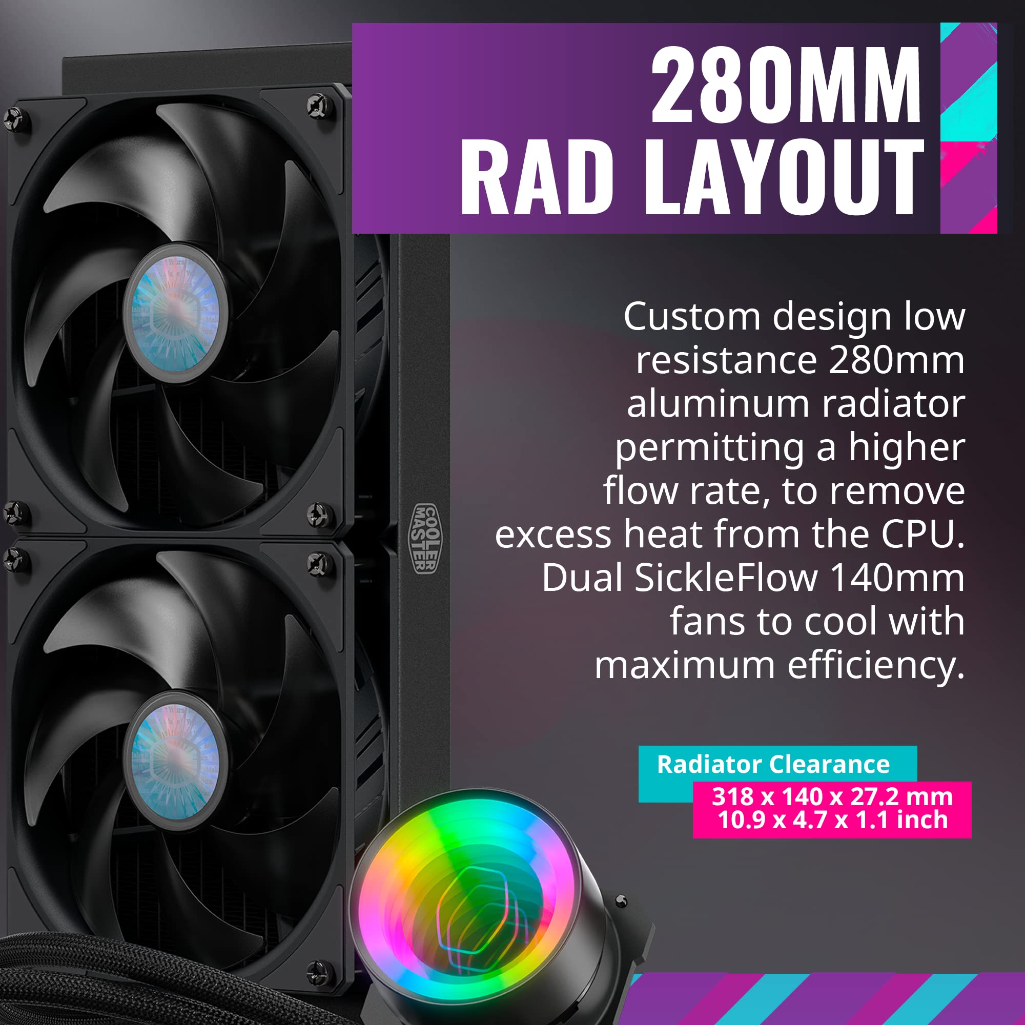 Cooler Master Masterliquid Ml280 Mirror Close-Loop Aio Cpu Liquid Cooler, Argb Mirror Pump, Dual Chamber Pump, Sickleflow 140 Pw