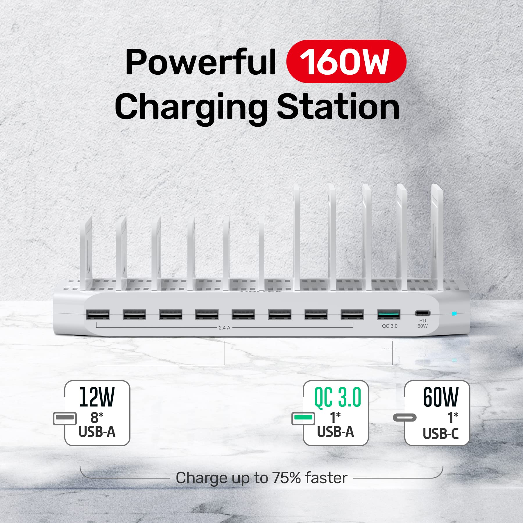 Usb C Pd 60W Charging Station With Qc 3.0, Unitek 160W 10 Port Usb Quick Charger Dock, Power Delivery Compatible With Laptop Mac