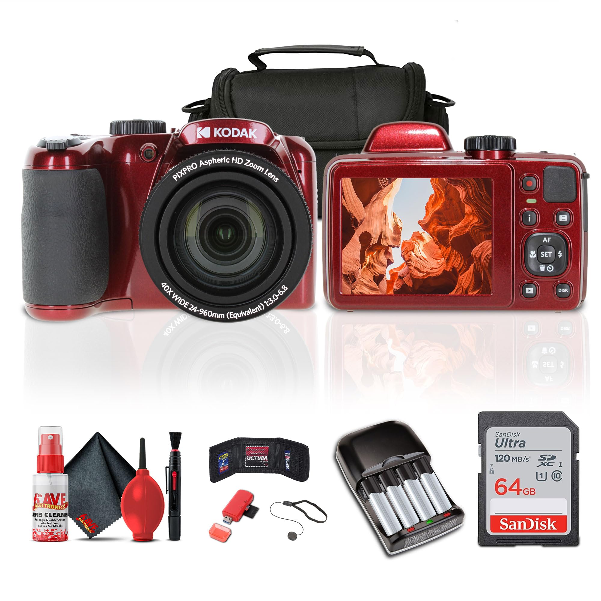 Kodak Pixpro AZ405 Digital Camera (AZ405RD) Bundle Including: 64 GB Memory Card, Rechargeable Batteries, Case, Neck Strap, Lens 