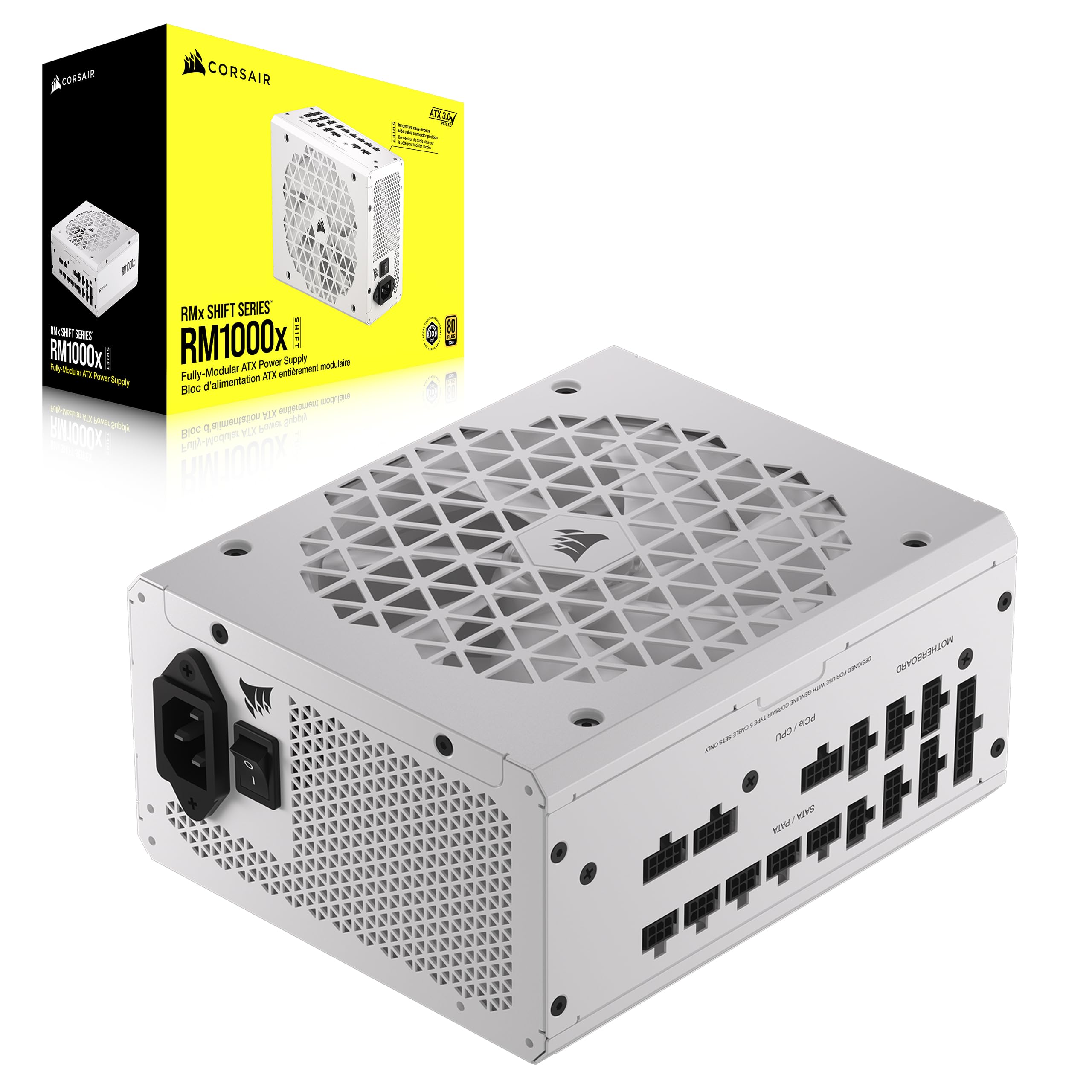 CORSAIR RM1000x Shift Fully Modular ATX Power Supply - 80 Plus Gold - ATX 3.0 - PCIe 5.0 - Zero RPM - Modular Side Interface - W