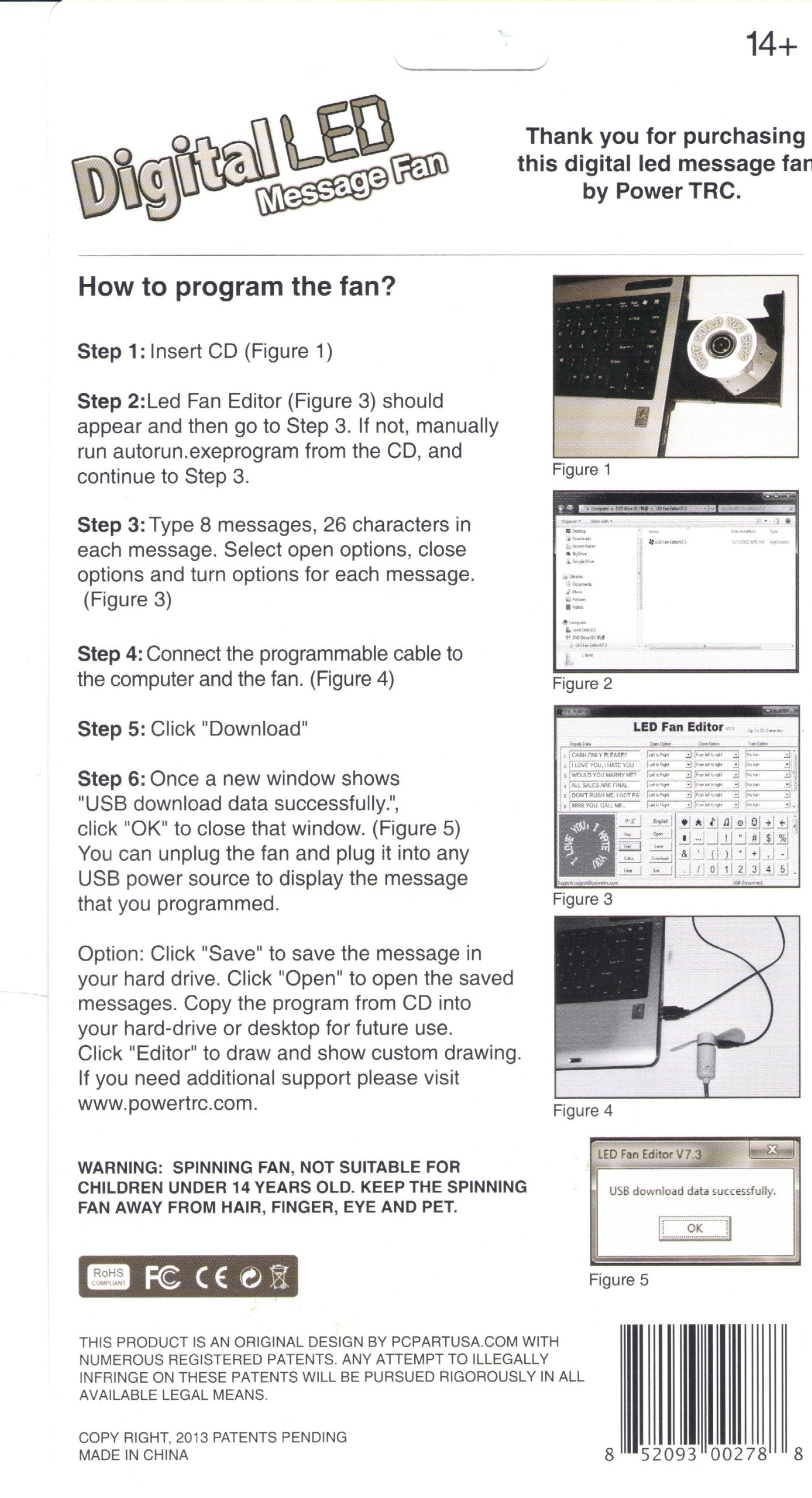 Powertrc Programmable Message Fan With Customized Drawing-Usb Powered-(Red Led)