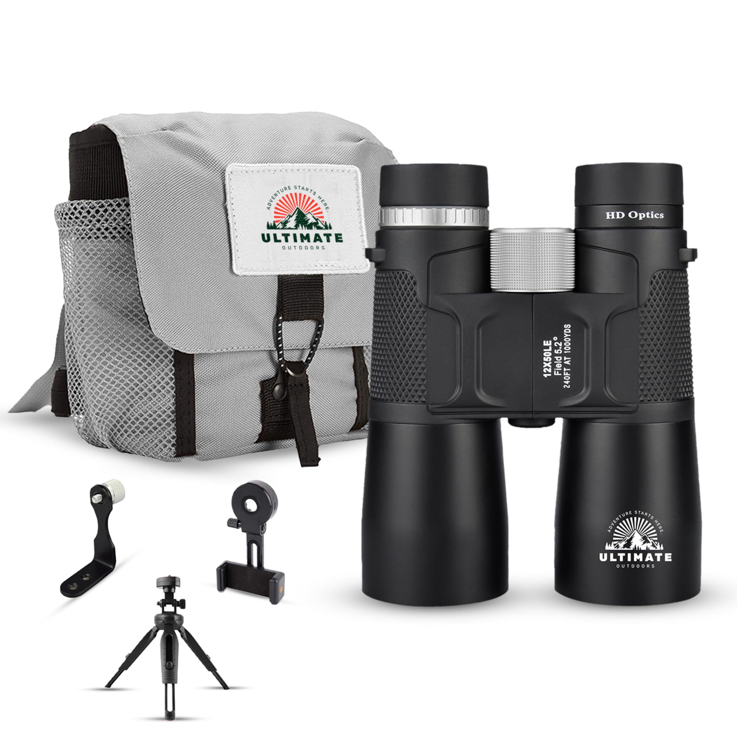 Ultimate Outdoors 12x50 HD Binoculars for Adults - Powerful Waterproof Binoculars with Phone Adapter & Tripod Mount | BaK-4 Pris