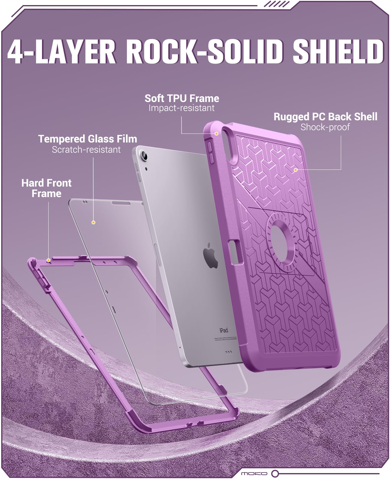 MoKo for iPad Air 6th Generation 11 Inch Case M2 2024, iPad Air 5th/4th Gen 2022/2020, Heavy Duty Shockproof Full Body Cover with Built in Screen Protector & Pencil Holder for iPad Air 6/5/4, Lilac