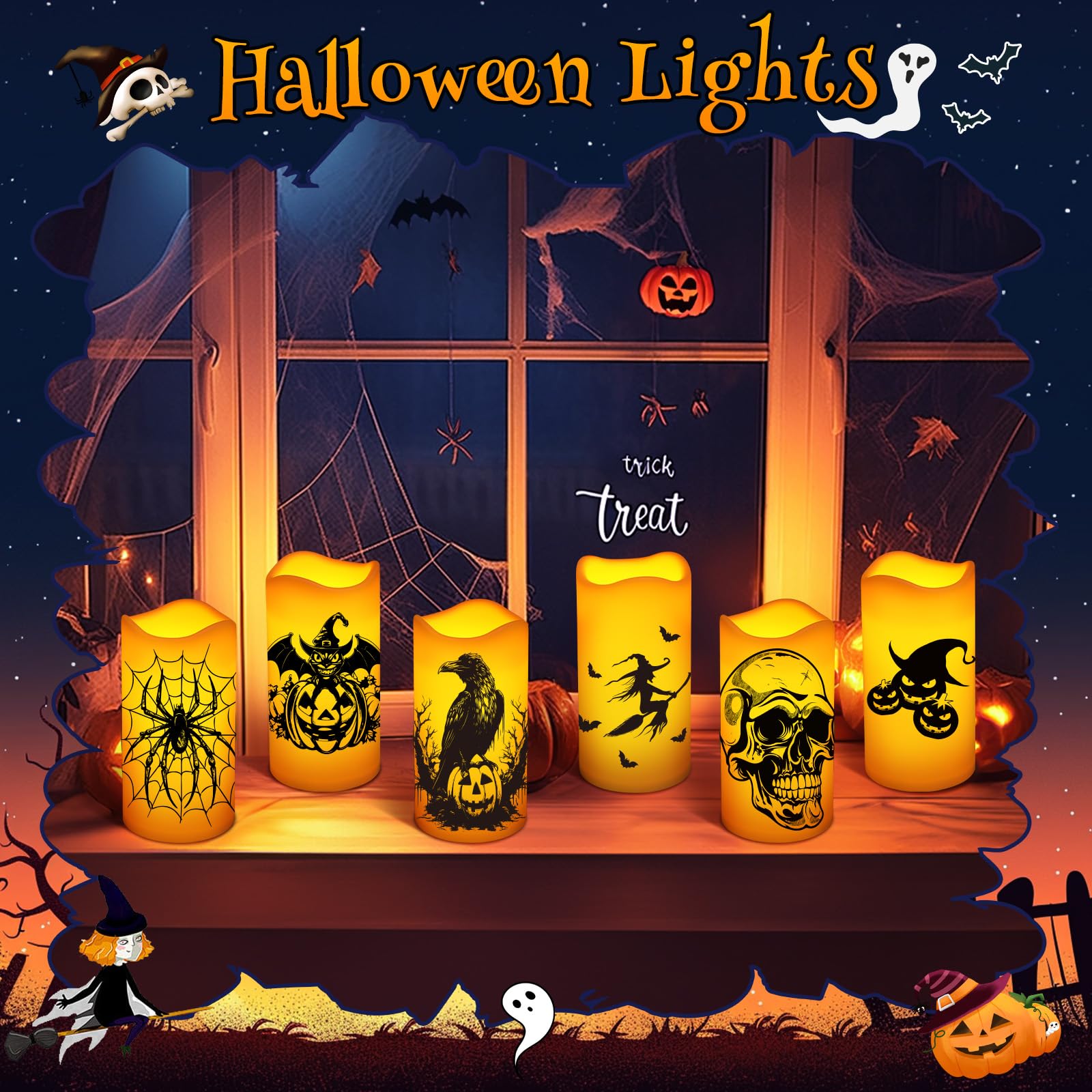 Halloween Decorations Indoor Flameless Candles Battery Operated Not Included Flickering Lights With Skull Spider Webs Crow Pumpk