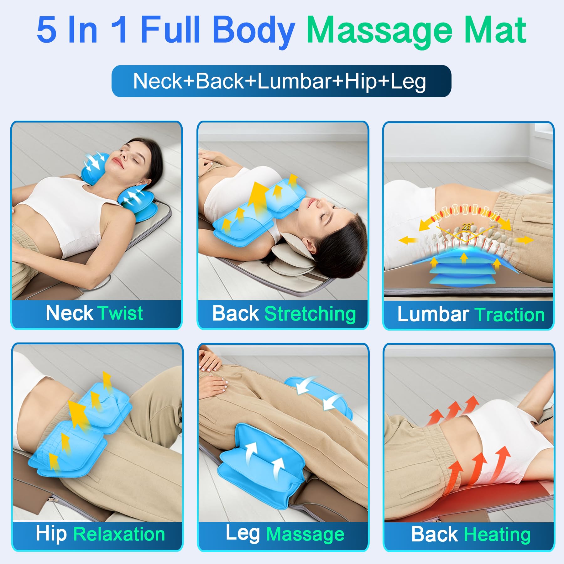 Full Body Massage Mat With Airbags Stretching & Heating, 3D Lumbar Traction & Relaxation, Back Massager Pad, 4 Modes 3 Intensiti