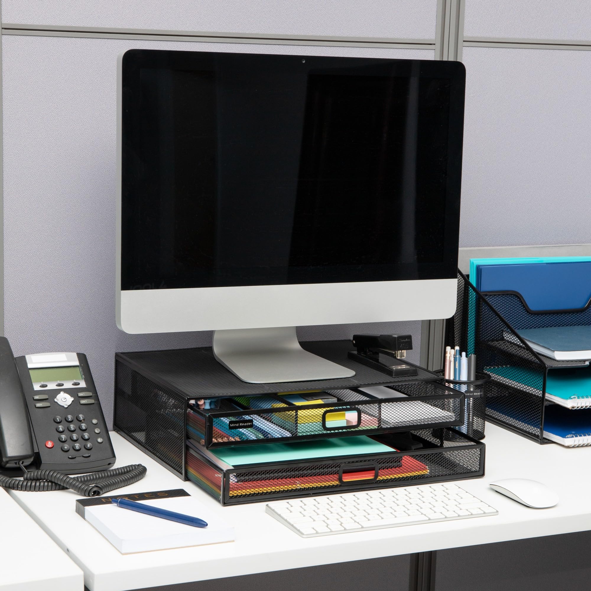 Mind Reader Monitor Stand, Ventilated Laptop Riser, Storage Drawer, Office, Metal Mesh, 15.75'L x 11.75'W x 4.5'H, Black